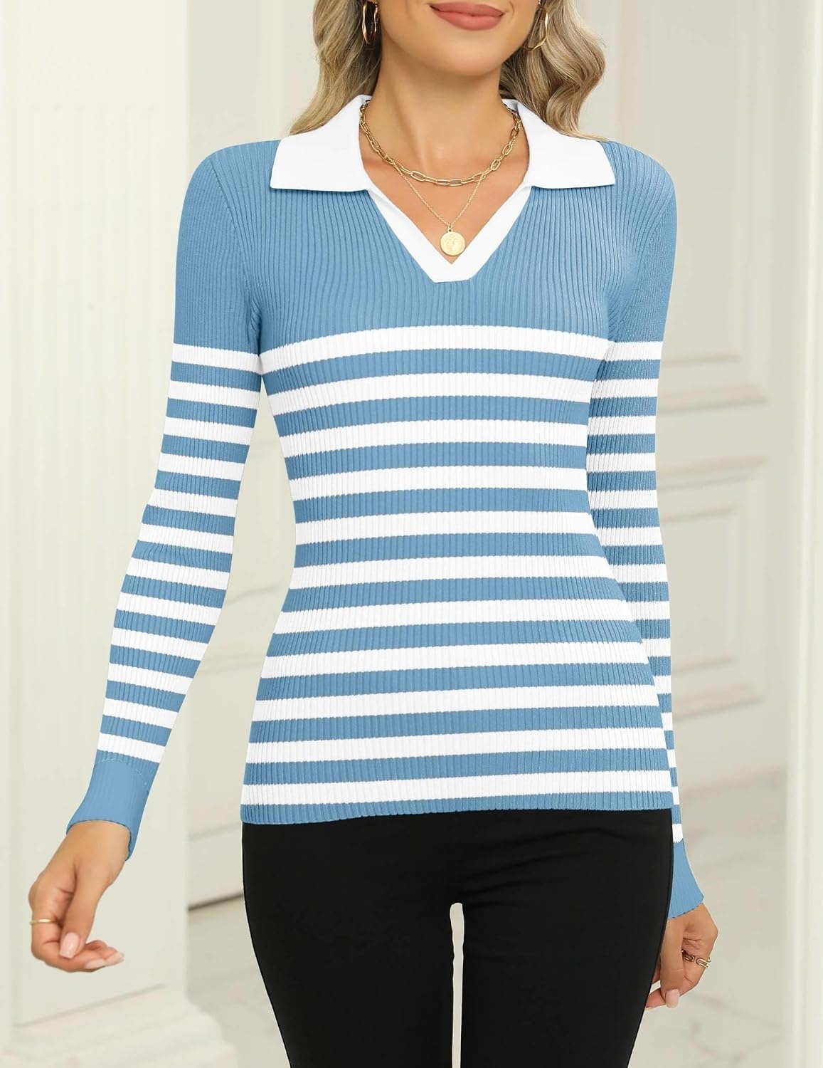 image:imageZeagoo Womens 2026 Sweater Tops Long Sleeve V Neck Ribbed Knit Slim Fitted Casual Work Basic Shirts SXXLBlue White Stripe