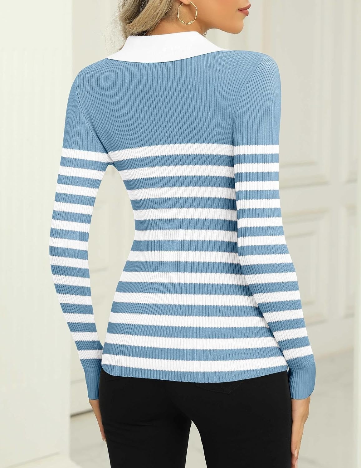 image:imageZeagoo Womens 2026 Sweater Tops Long Sleeve V Neck Ribbed Knit Slim Fitted Casual Work Basic Shirts SXXLBlue White Stripe