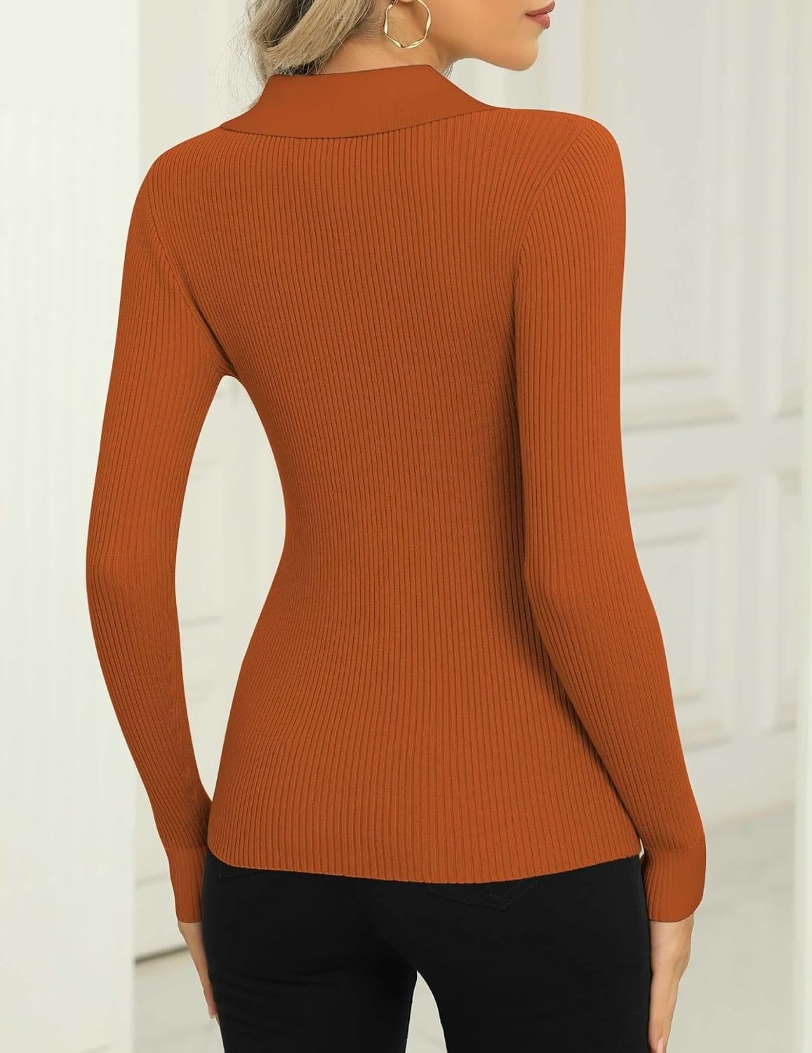 image:imageZeagoo Womens 2026 Sweater Tops Long Sleeve V Neck Ribbed Knit Slim Fitted Casual Work Basic Shirts SXXLCaramel