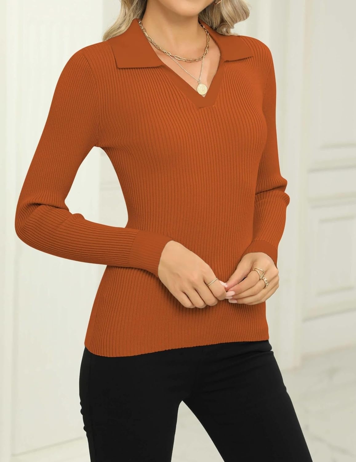 image:imageZeagoo Womens 2026 Sweater Tops Long Sleeve V Neck Ribbed Knit Slim Fitted Casual Work Basic Shirts SXXLCaramel