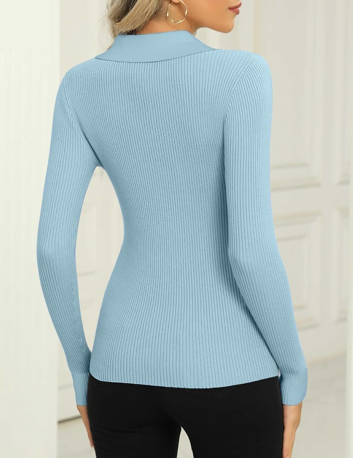 image:imageZeagoo Womens 2026 Sweater Tops Long Sleeve V Neck Ribbed Knit Slim Fitted Casual Work Basic Shirts SXXLClear Blue