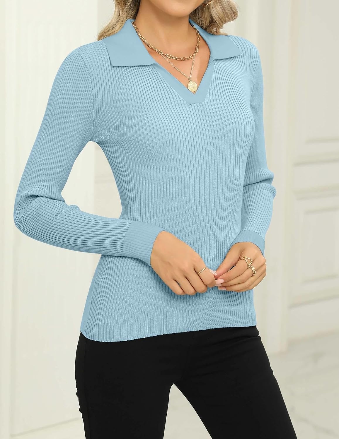image:imageZeagoo Womens 2026 Sweater Tops Long Sleeve V Neck Ribbed Knit Slim Fitted Casual Work Basic Shirts SXXLClear Blue