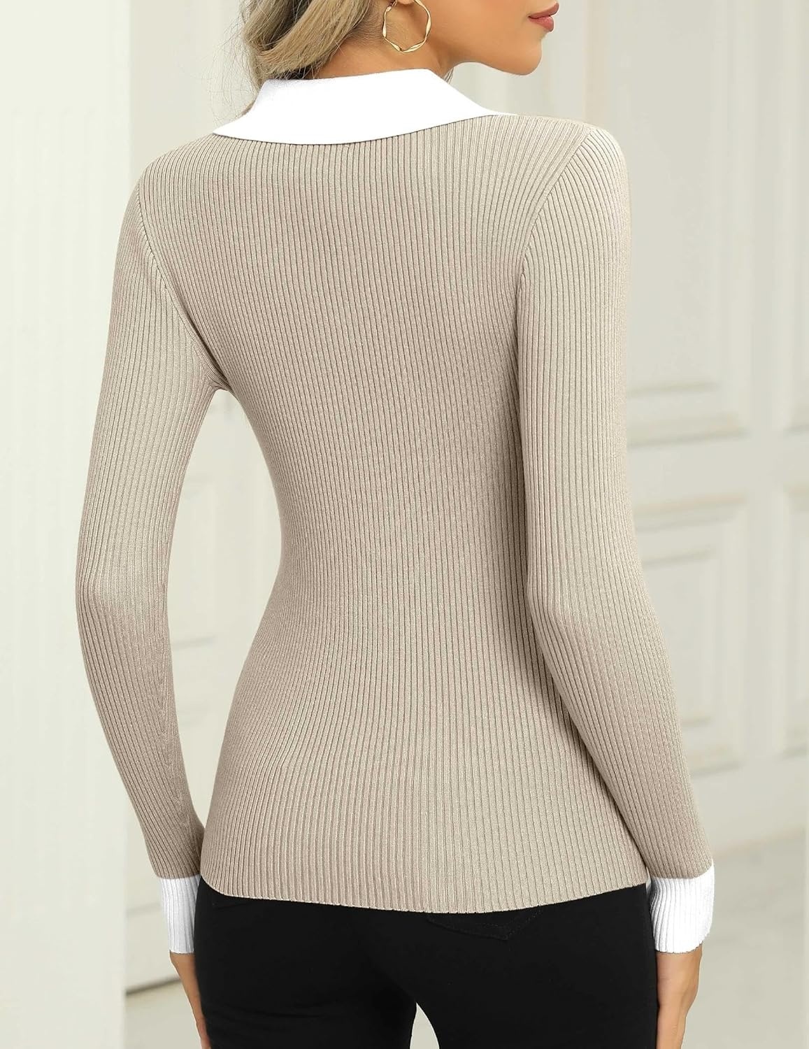 image:imageZeagoo Womens 2026 Sweater Tops Long Sleeve V Neck Ribbed Knit Slim Fitted Casual Work Basic Shirts SXXLPat3