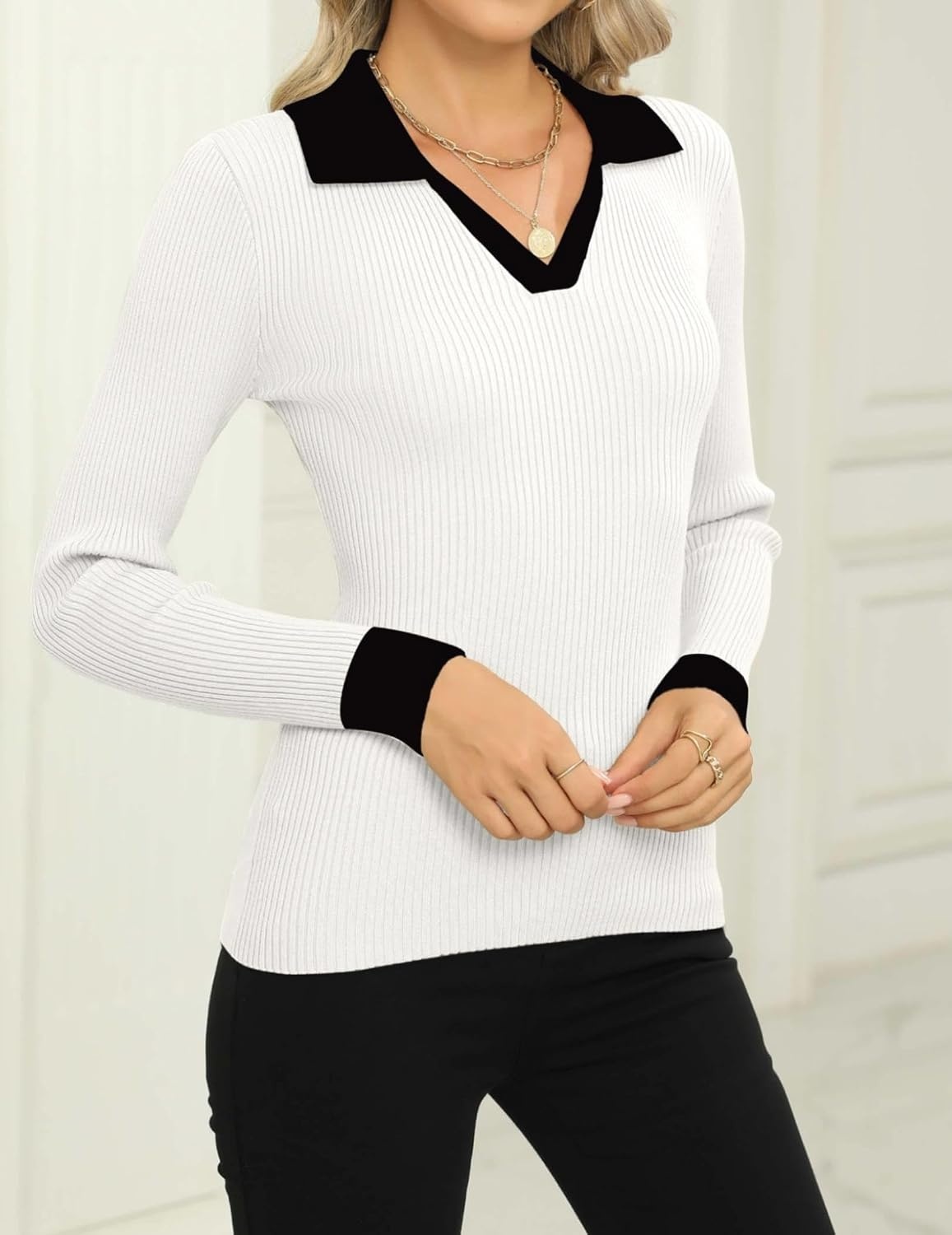 image:imageZeagoo Womens 2026 Sweater Tops Long Sleeve V Neck Ribbed Knit Slim Fitted Casual Work Basic Shirts SXXLPat4