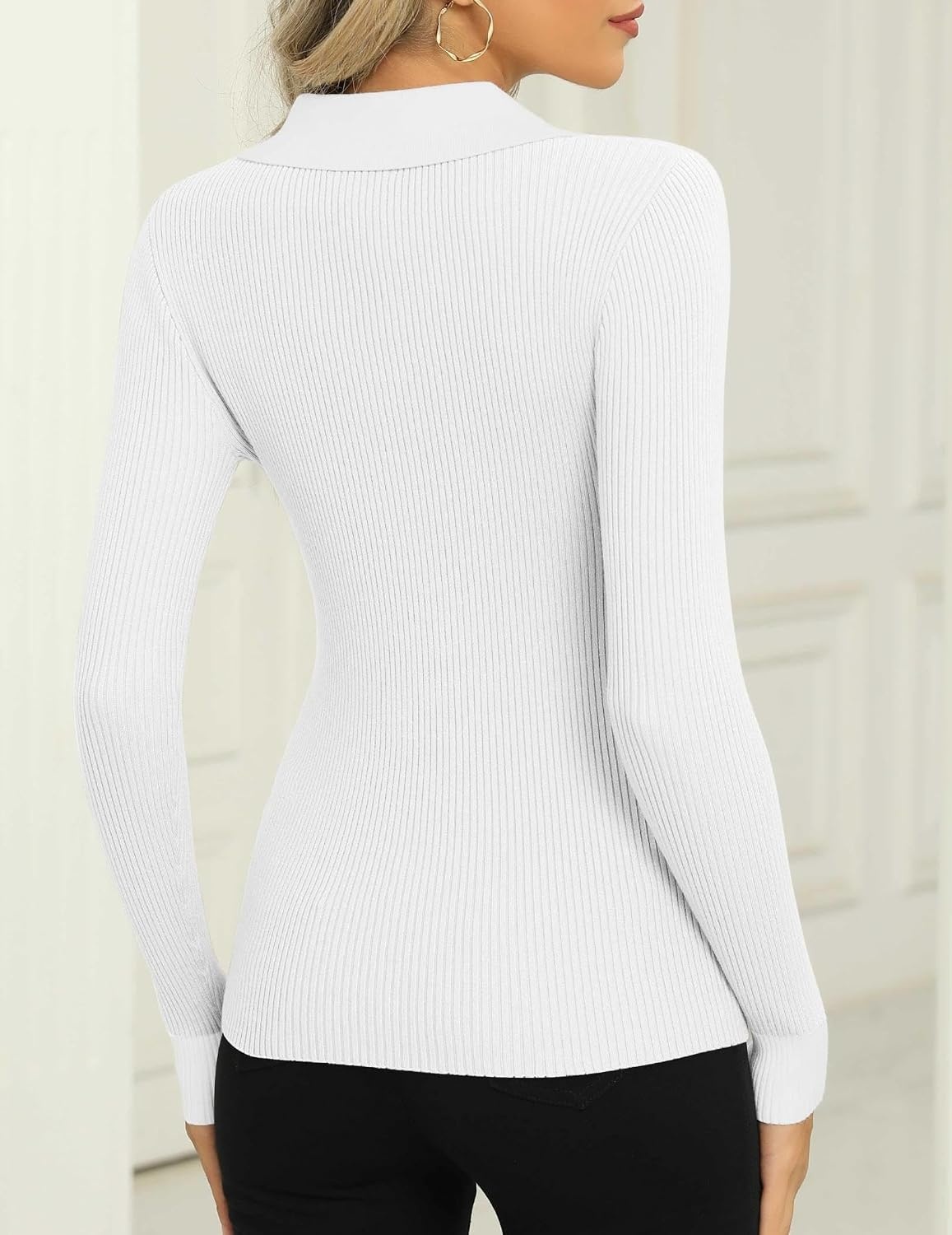 image:imageZeagoo Womens 2026 Sweater Tops Long Sleeve V Neck Ribbed Knit Slim Fitted Casual Work Basic Shirts SXXLWhite