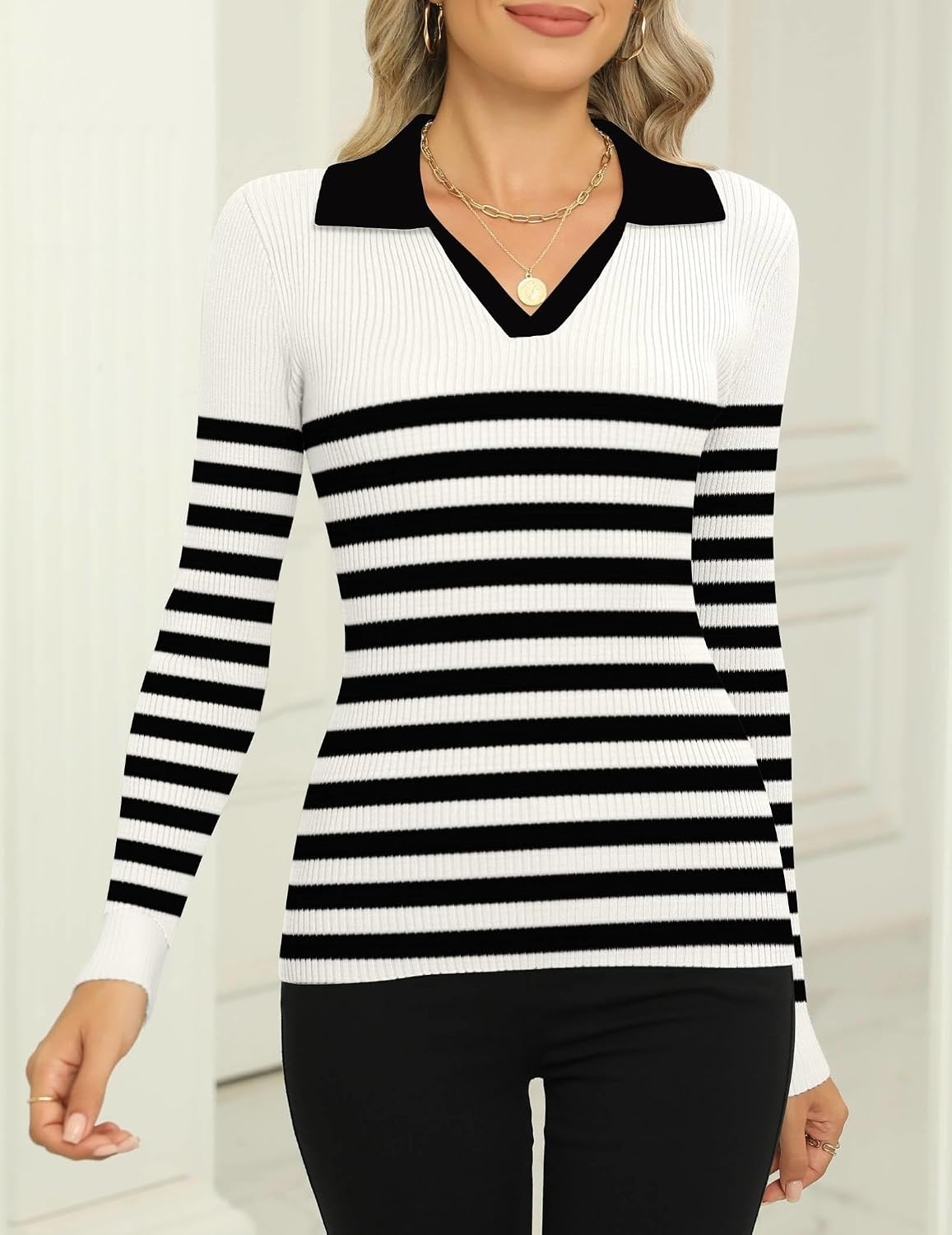 image:imageZeagoo Womens 2026 Sweater Tops Long Sleeve V Neck Ribbed Knit Slim Fitted Casual Work Basic Shirts SXXLWhite Black Stripe