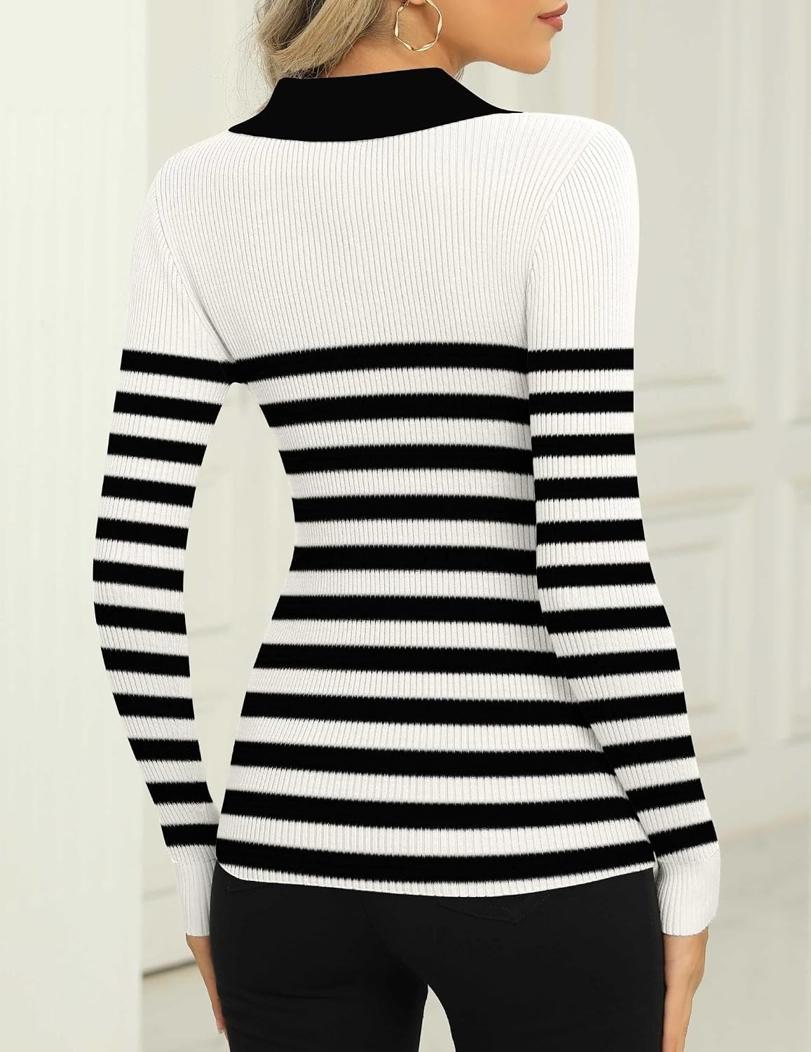 image:imageZeagoo Womens 2026 Sweater Tops Long Sleeve V Neck Ribbed Knit Slim Fitted Casual Work Basic Shirts SXXLWhite Black Stripe