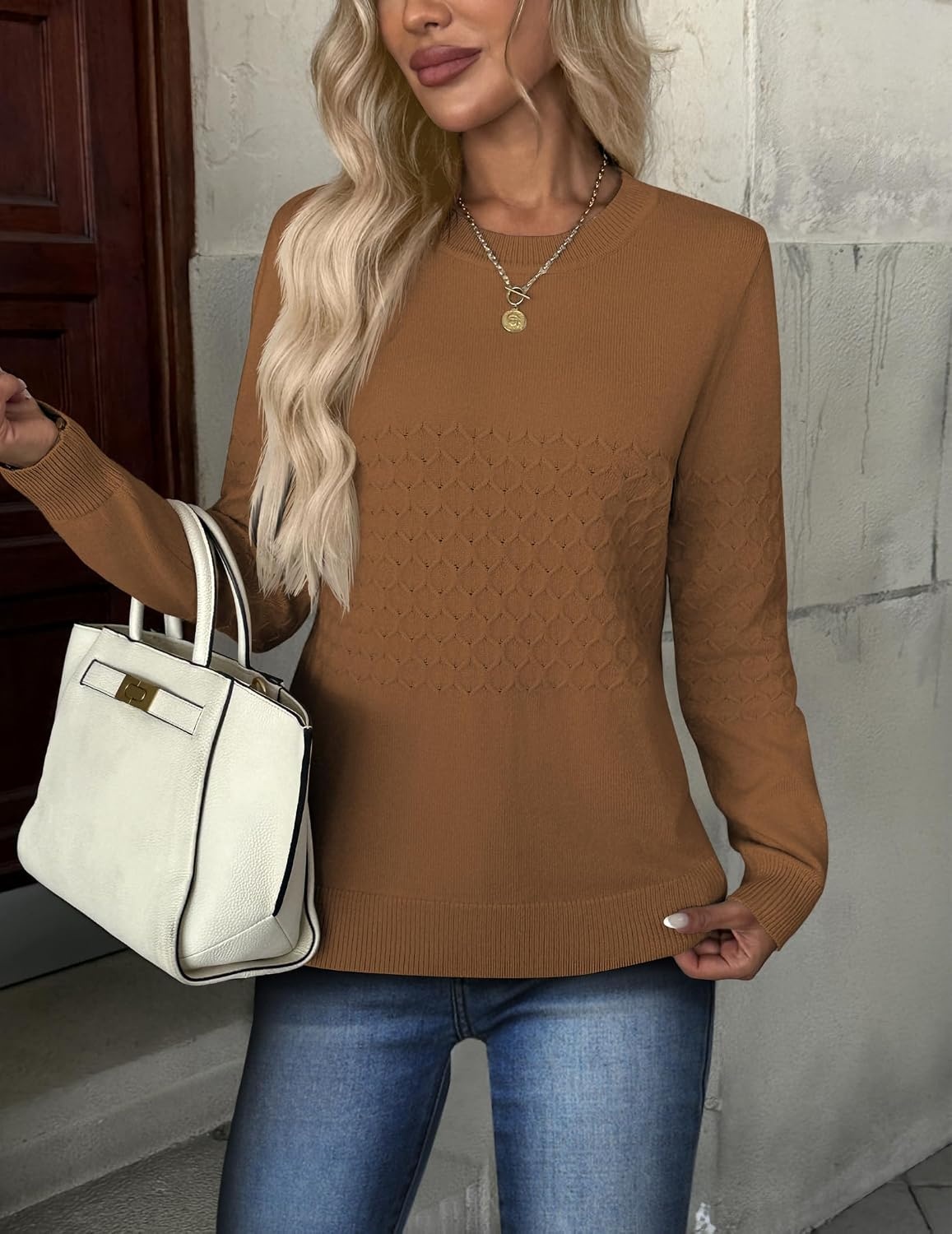 image:imageZeagoo Womens Fall Sweaters Long Sleeve Crew Neck Ribbed Knit Pullover TopsA Light Brown