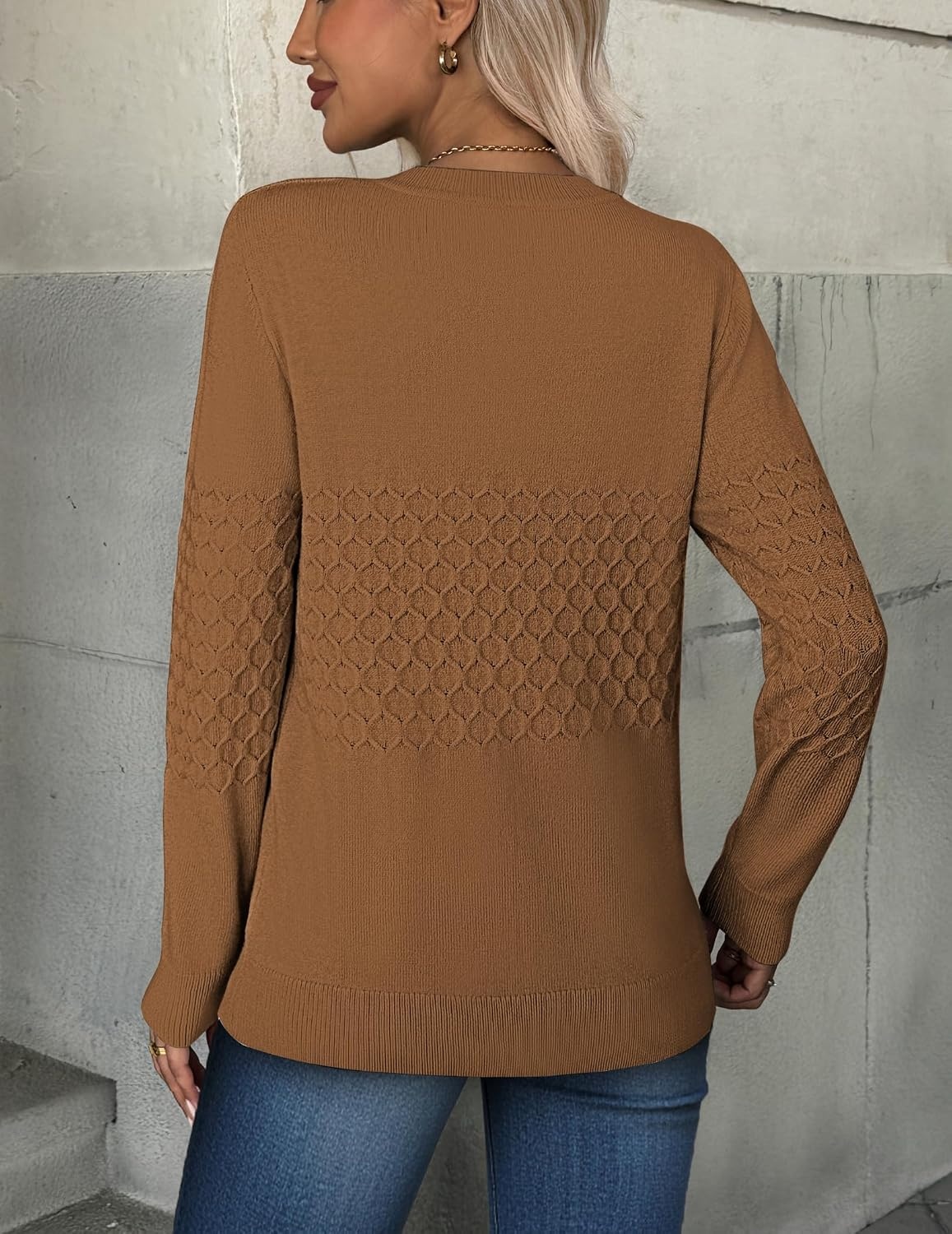 image:imageZeagoo Womens Fall Sweaters Long Sleeve Crew Neck Ribbed Knit Pullover TopsA Light Brown