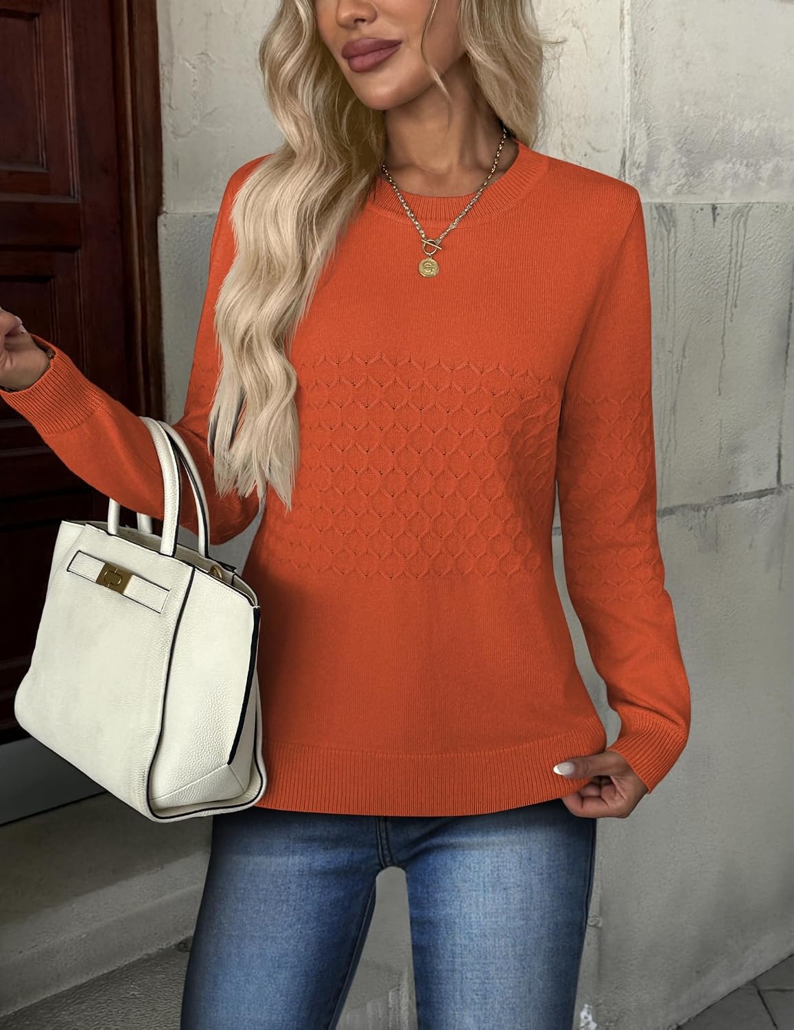 image:imageZeagoo Womens Fall Sweaters Long Sleeve Crew Neck Ribbed Knit Pullover TopsA Orange
