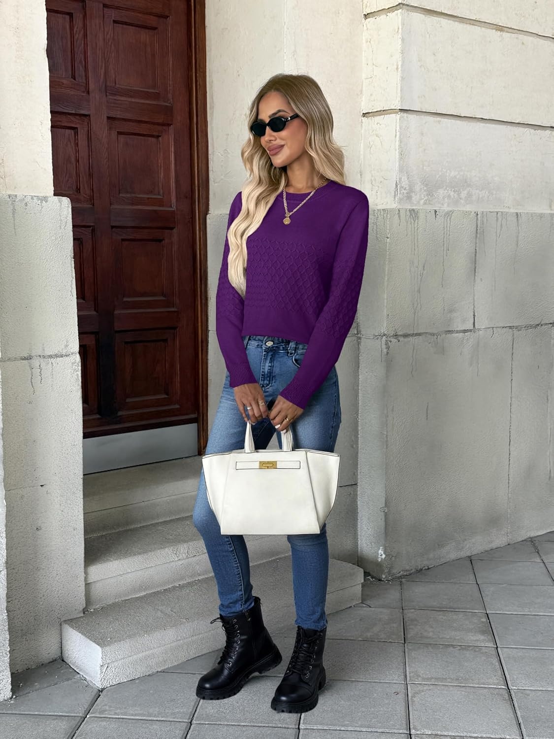 image:imageZeagoo Womens Fall Sweaters Long Sleeve Crew Neck Ribbed Knit Pullover TopsA Purple
