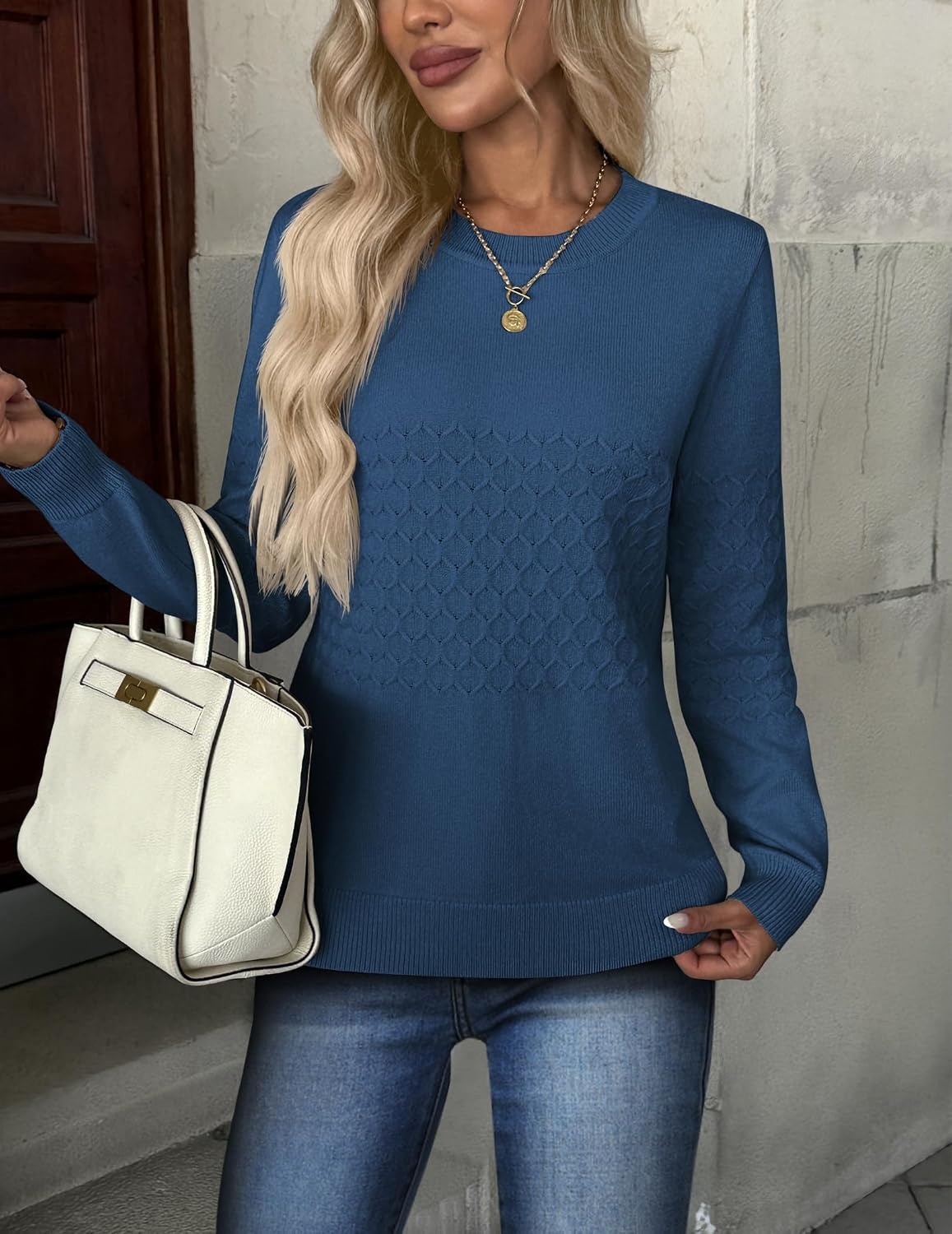 image:imageZeagoo Womens Fall Sweaters Long Sleeve Crew Neck Ribbed Knit Pullover TopsA Royal Blue