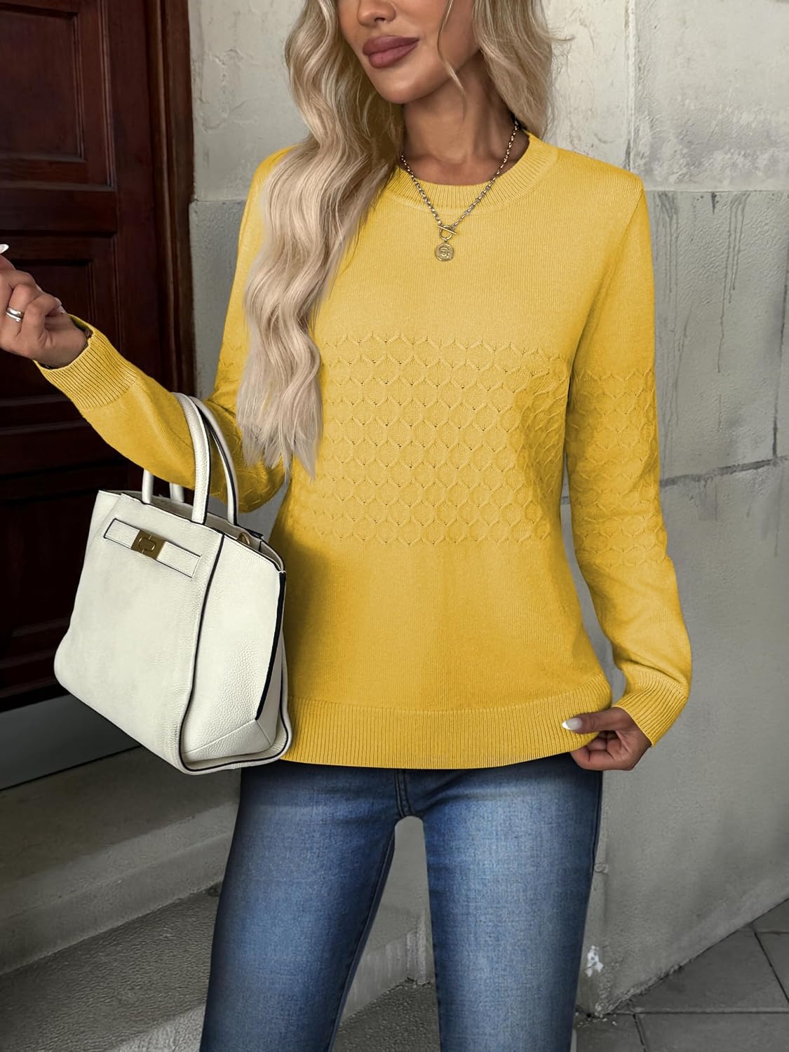 image:imageZeagoo Womens Fall Sweaters Long Sleeve Crew Neck Ribbed Knit Pullover TopsA Yellow