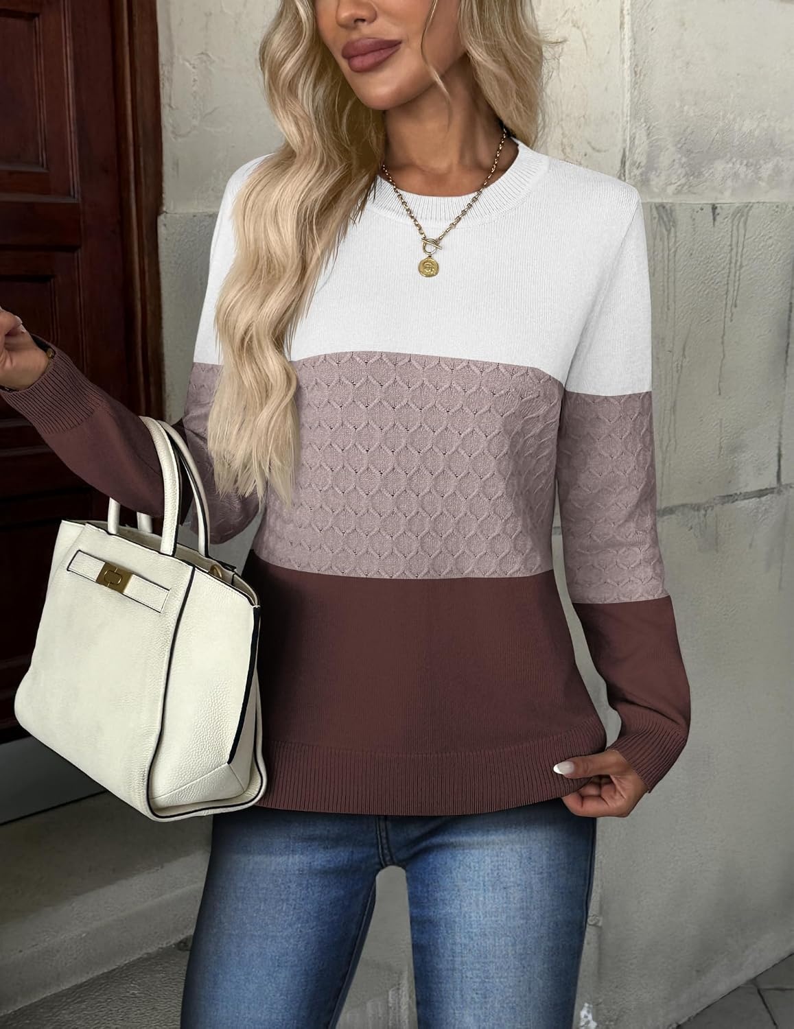 image:imageZeagoo Womens Fall Sweaters Long Sleeve Crew Neck Ribbed Knit Pullover TopsColorblock 284