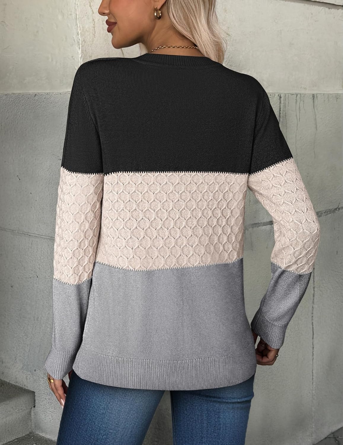image:imageZeagoo Womens Fall Sweaters Long Sleeve Crew Neck Ribbed Knit Pullover TopsColorblock 558