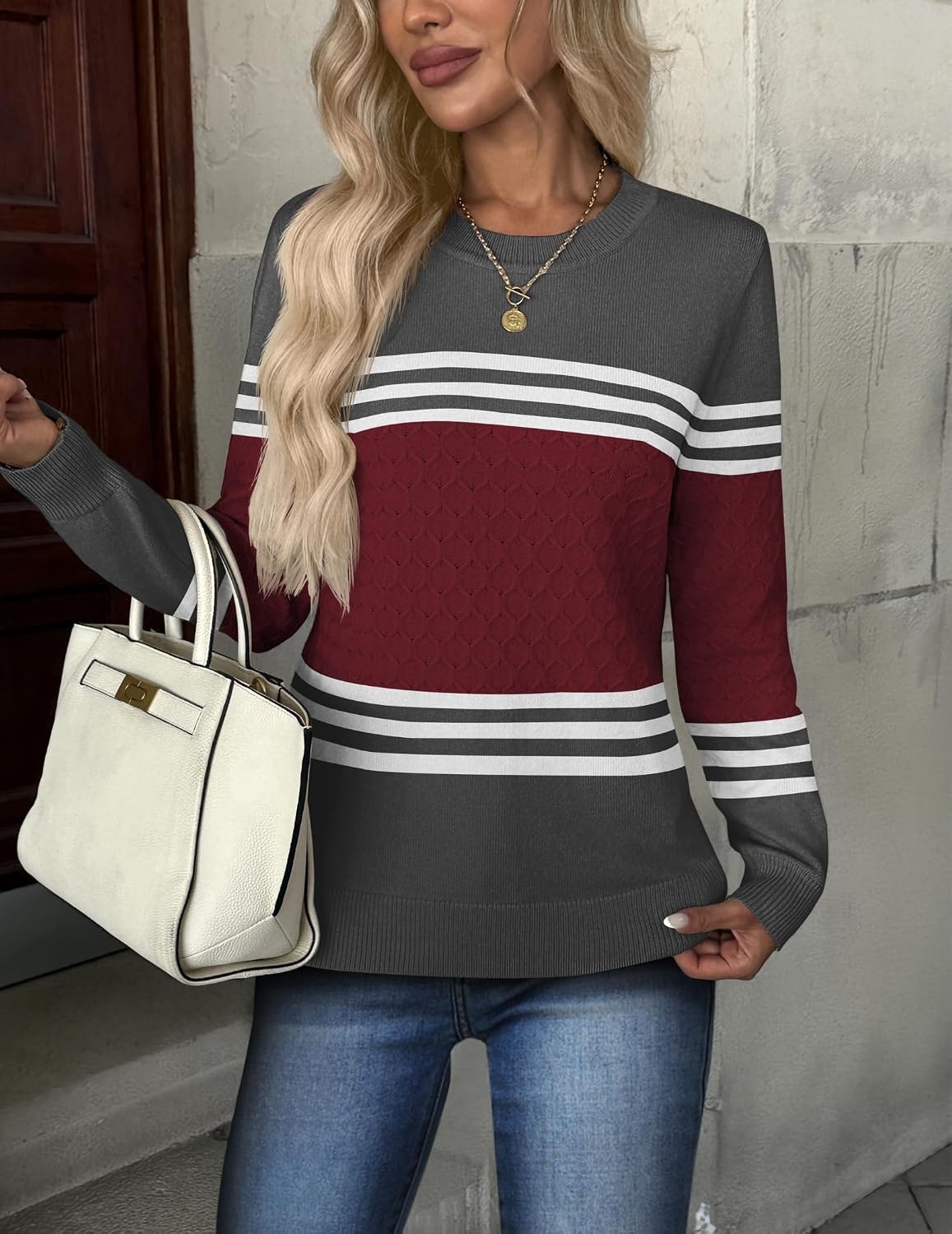 image:imageZeagoo Womens Fall Sweaters Long Sleeve Crew Neck Ribbed Knit Pullover TopsRed Black