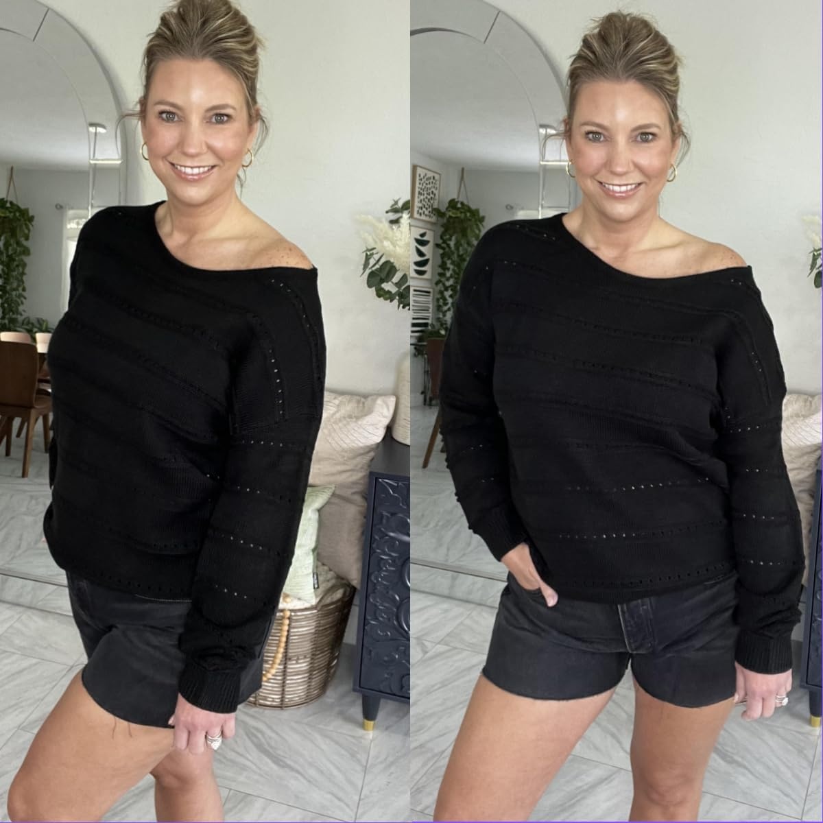 image:imageZeagoo Womens Sweaters Cute Long Sleeve Off The Shoulder Pullover Tops Hollow Out Crochet Dressy Casual OutfitsAblack