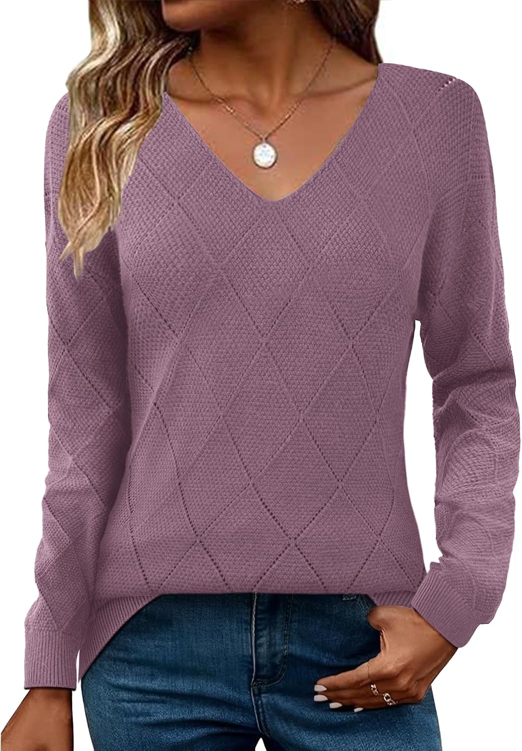 image:imageZeagoo Womens Sweaters Fall 2026 Long Sleeve Knit Pullover V Neck Lightweight Crochet Sweater Tops Dressy CasualPurple