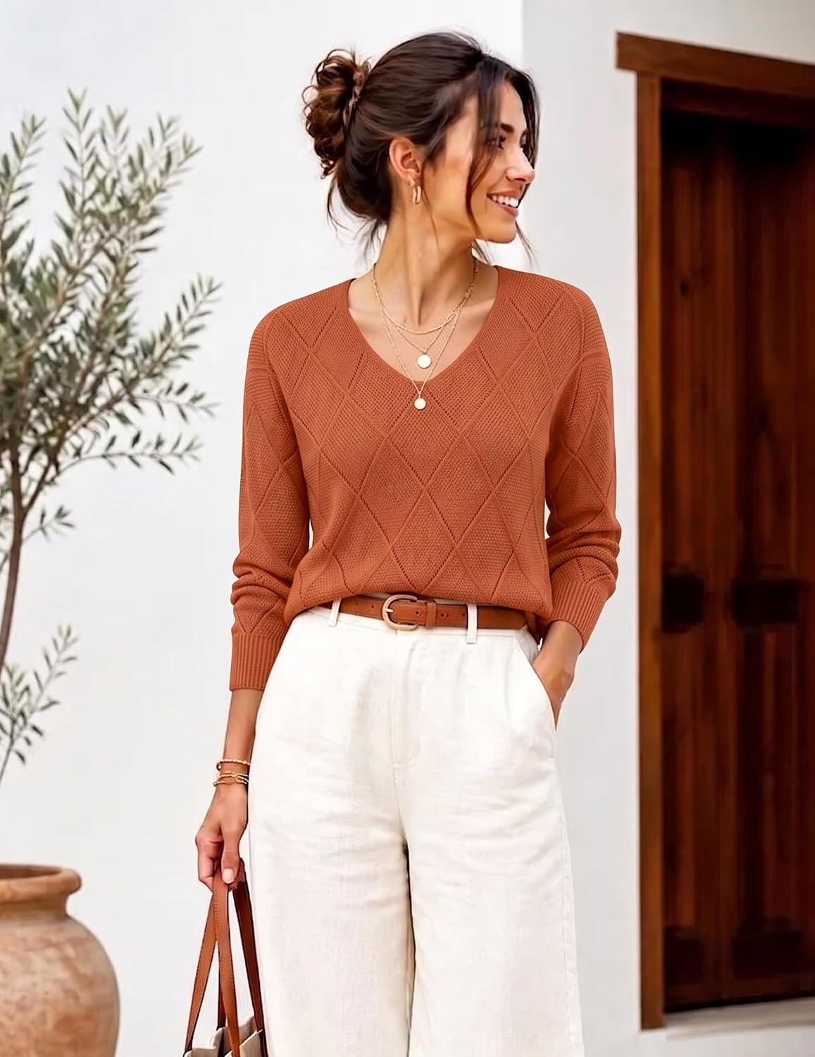 image:imageZeagoo Womens Sweaters Fall 2026 Long Sleeve Knit Pullover V Neck Lightweight Crochet Sweater Tops Dressy CasualRust Brown