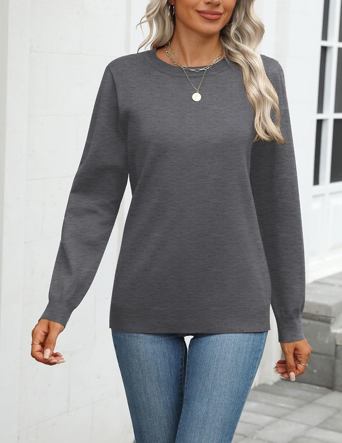 image:imageZeagoo Womens Sweaters Long Sleeve Tops Classic Fall Clothes Crewneck TopsDark Gray