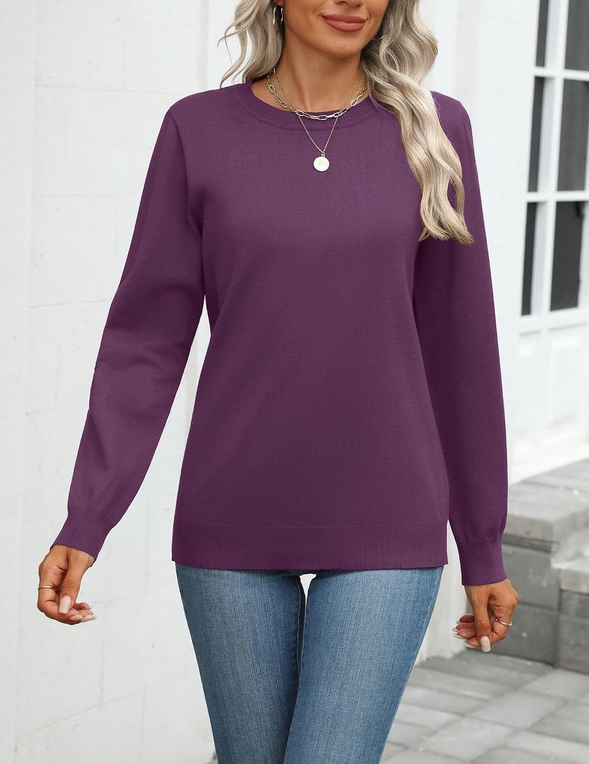image:imageZeagoo Womens Sweaters Long Sleeve Tops Classic Fall Clothes Crewneck TopsDark Purple