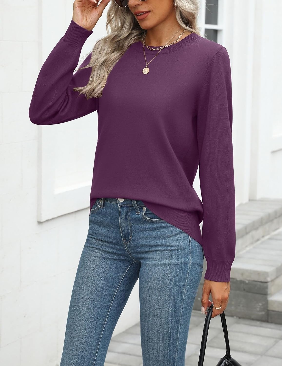 image:imageZeagoo Womens Sweaters Long Sleeve Tops Classic Fall Clothes Crewneck TopsDark Purple