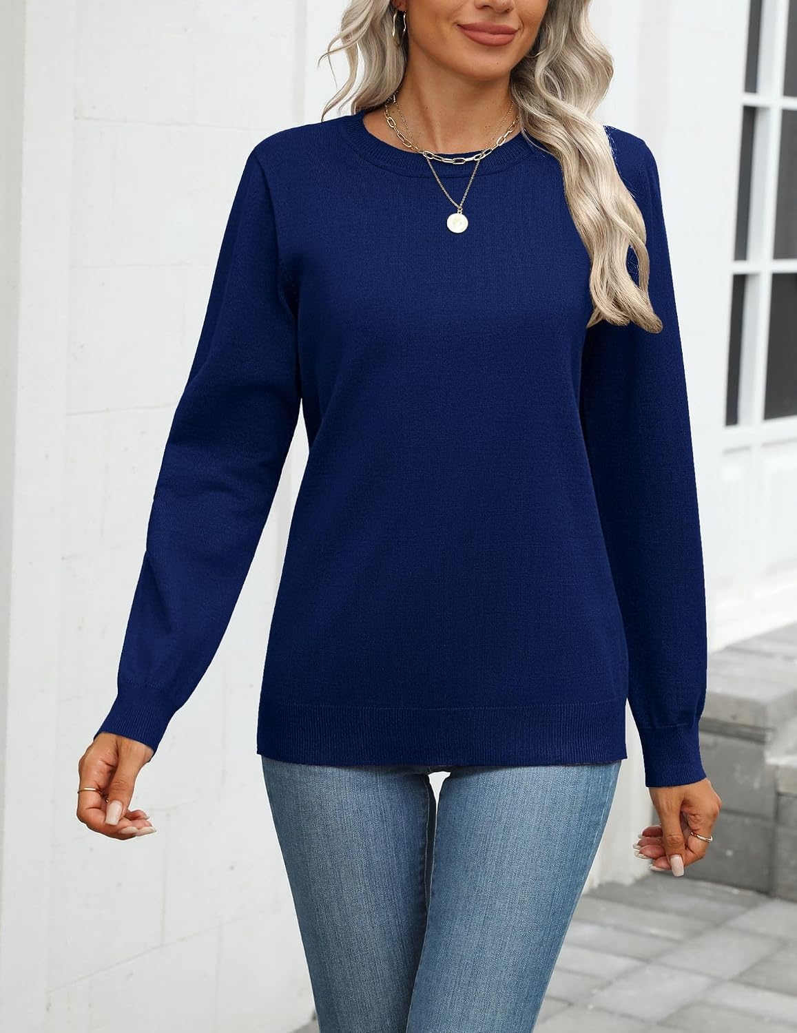image:imageZeagoo Womens Sweaters Long Sleeve Tops Classic Fall Clothes Crewneck TopsDeep Blue