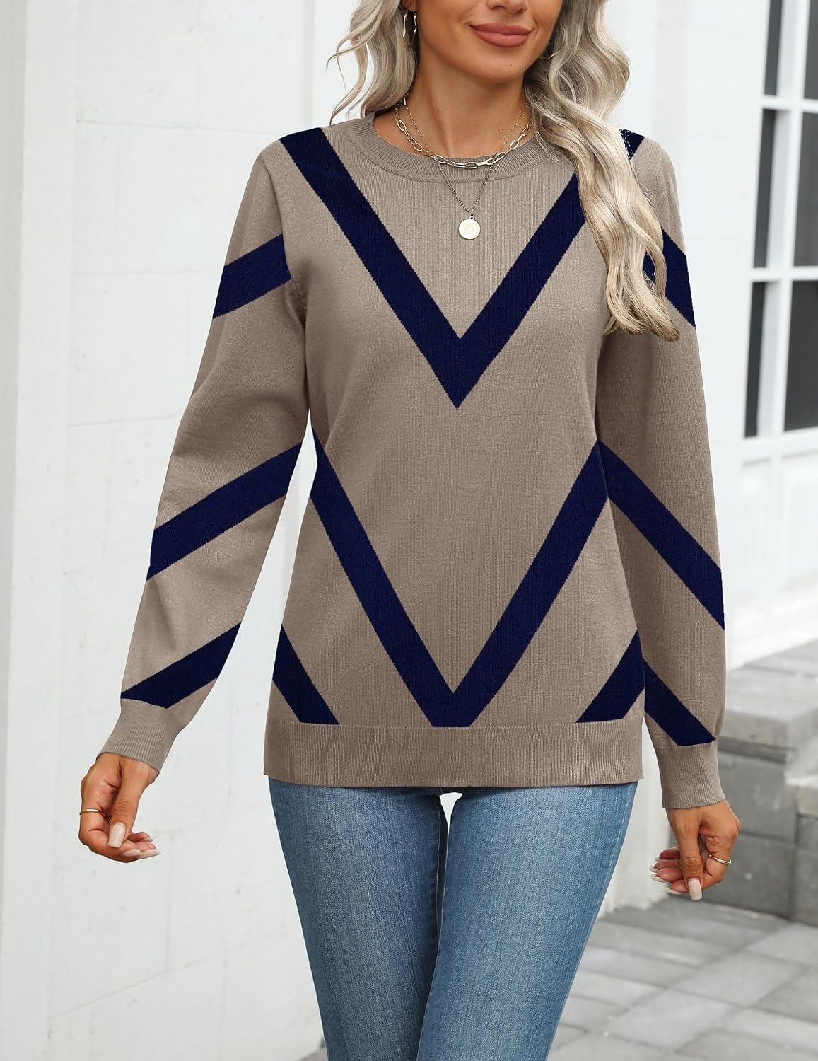 image:imageZeagoo Womens Sweaters Long Sleeve Tops Classic Fall Clothes Crewneck TopsGeometric Patternjh584