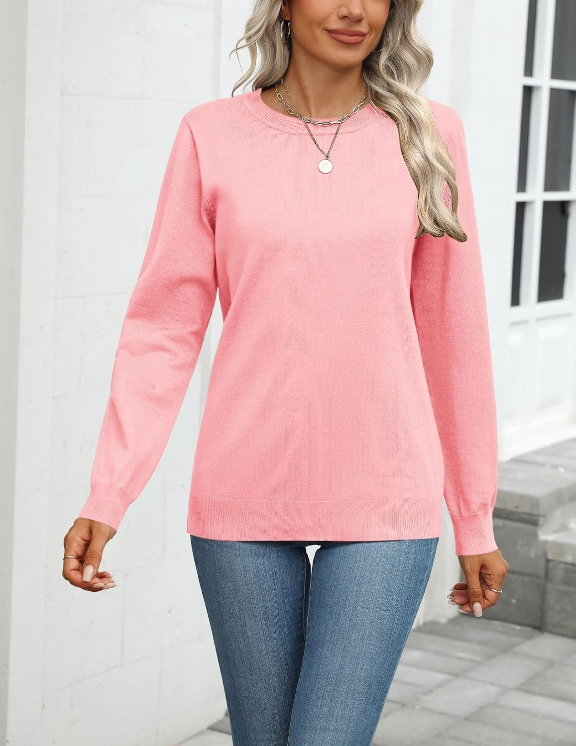 image:imageZeagoo Womens Sweaters Long Sleeve Tops Classic Fall Clothes Crewneck TopsPink