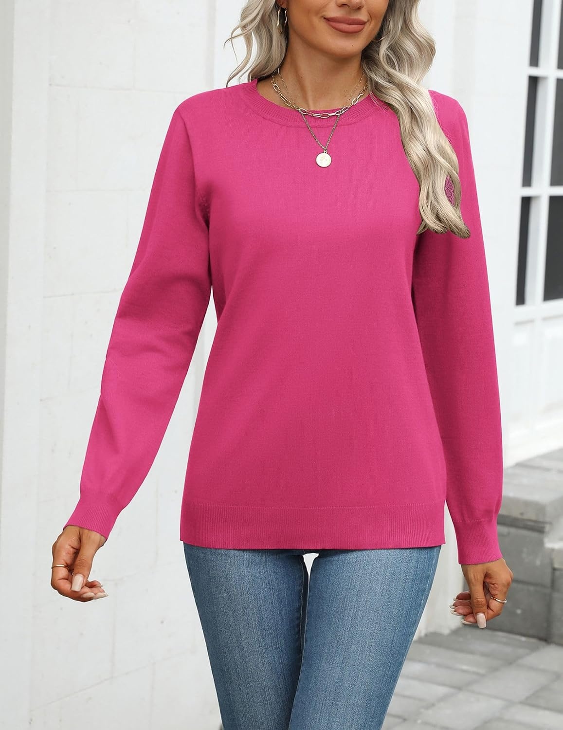 image:imageZeagoo Womens Sweaters Long Sleeve Tops Classic Fall Clothes Crewneck TopsRose Red
