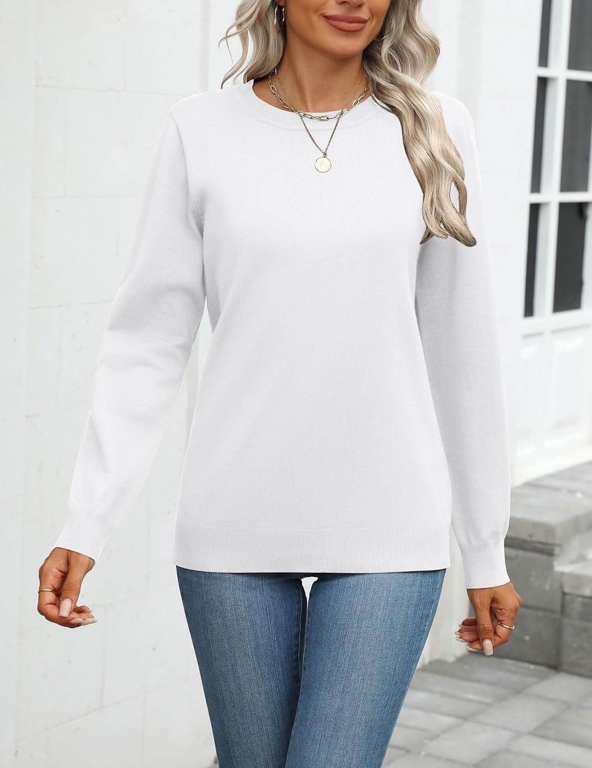 image:imageZeagoo Womens Sweaters Long Sleeve Tops Classic Fall Clothes Crewneck TopsWhite