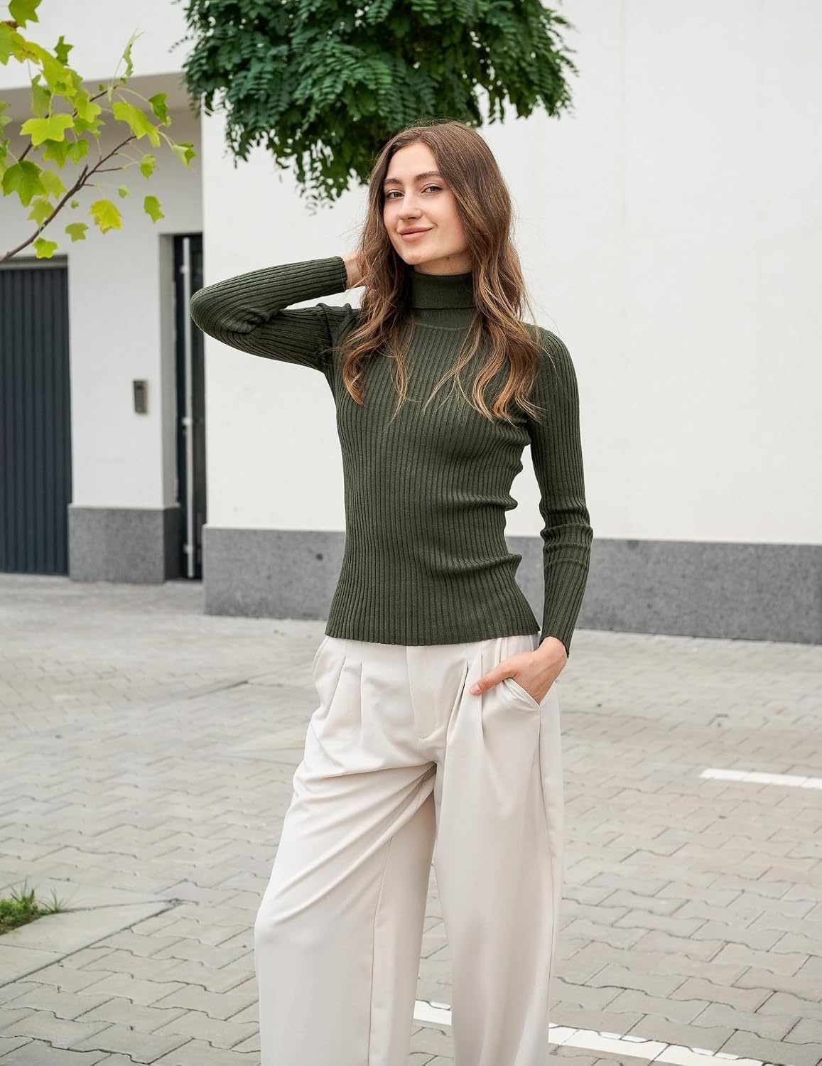 image:imageZeagoo Womens Turtleneck Sweaters 2026 Fall Fitted Long Sleeve Basic TopsArmy Green
