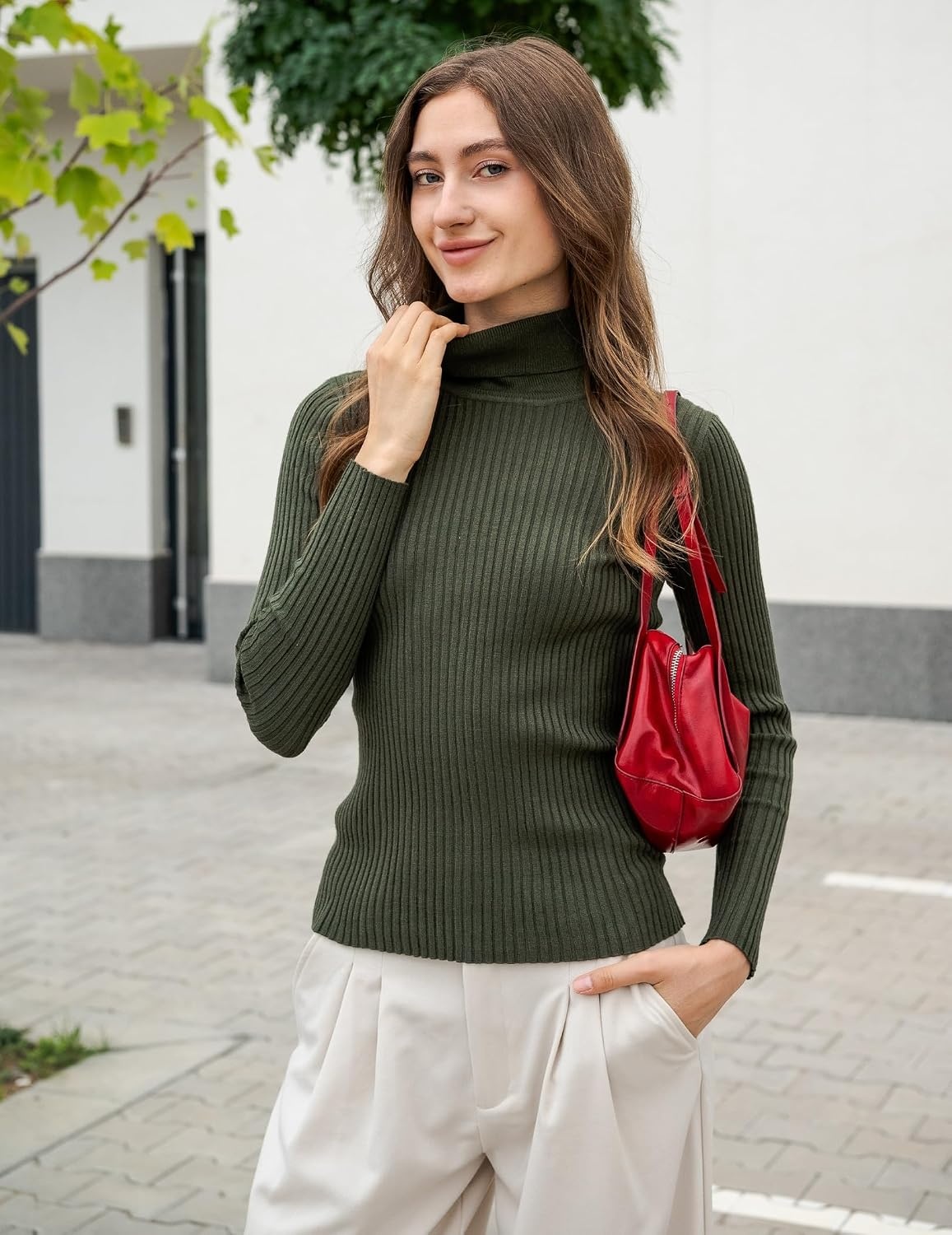 image:imageZeagoo Womens Turtleneck Sweaters 2026 Fall Fitted Long Sleeve Basic TopsArmy Green