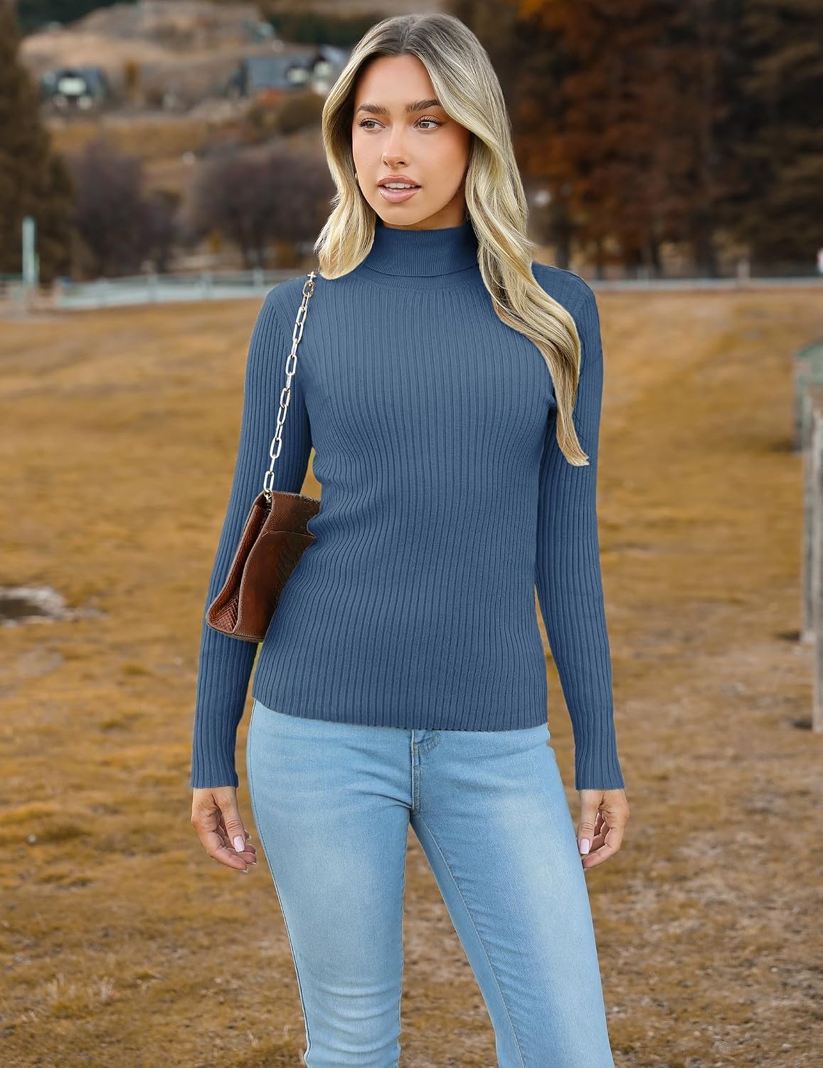 image:imageZeagoo Womens Turtleneck Sweaters 2026 Fall Fitted Long Sleeve Basic TopsBlue