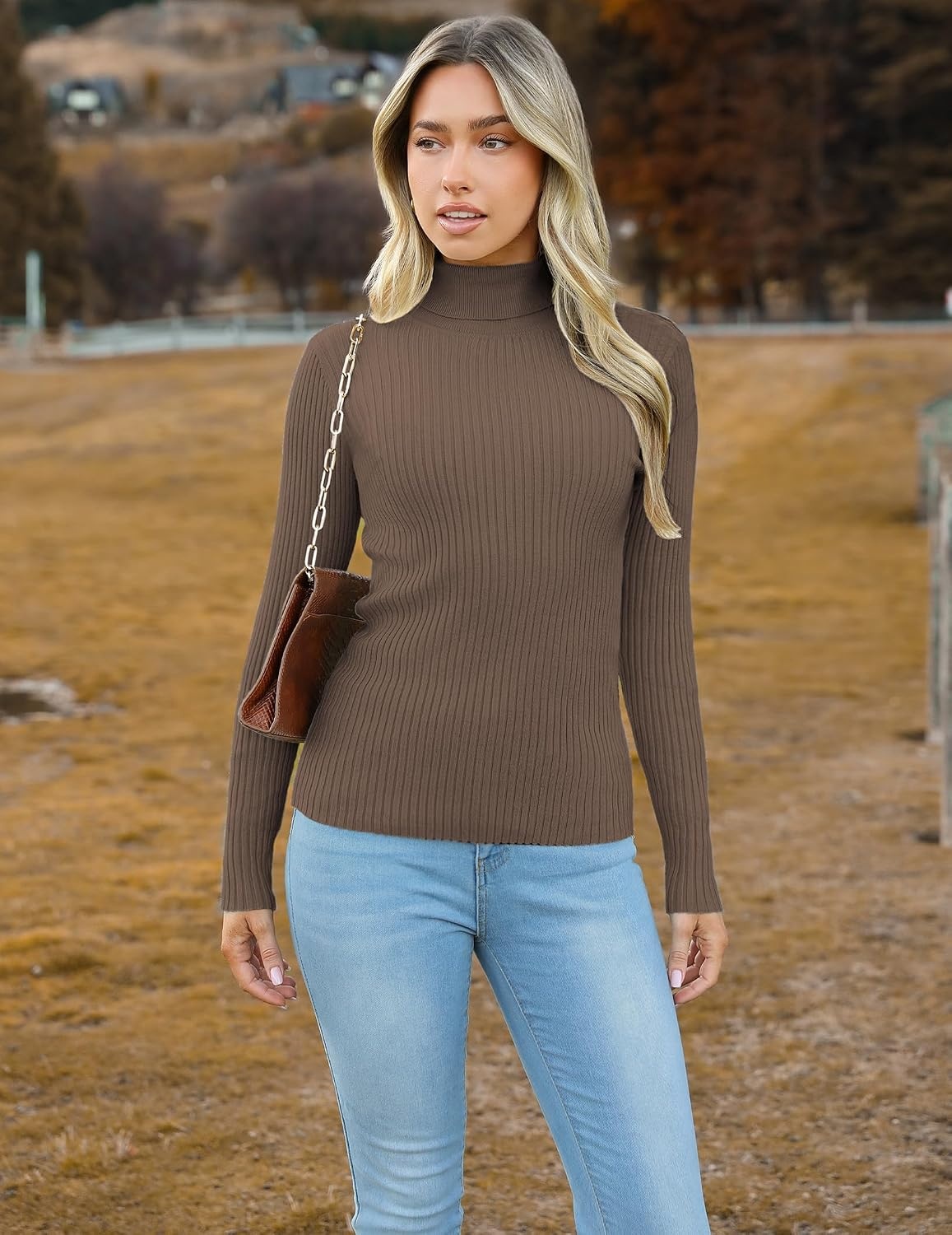 image:imageZeagoo Womens Turtleneck Sweaters 2026 Fall Fitted Long Sleeve Basic TopsBrown