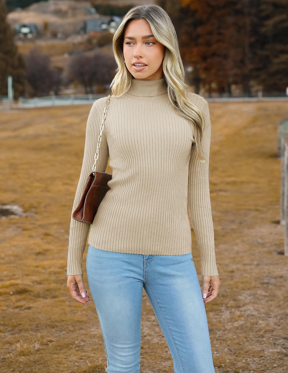 image:imageZeagoo Womens Turtleneck Sweaters 2026 Fall Fitted Long Sleeve Basic TopsKhaki