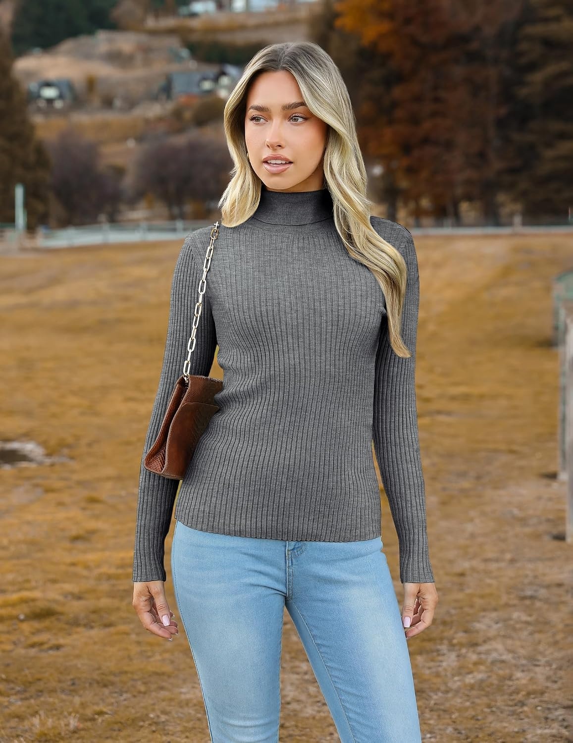 image:imageZeagoo Womens Turtleneck Sweaters 2026 Fall Fitted Long Sleeve Basic TopsLight Grey