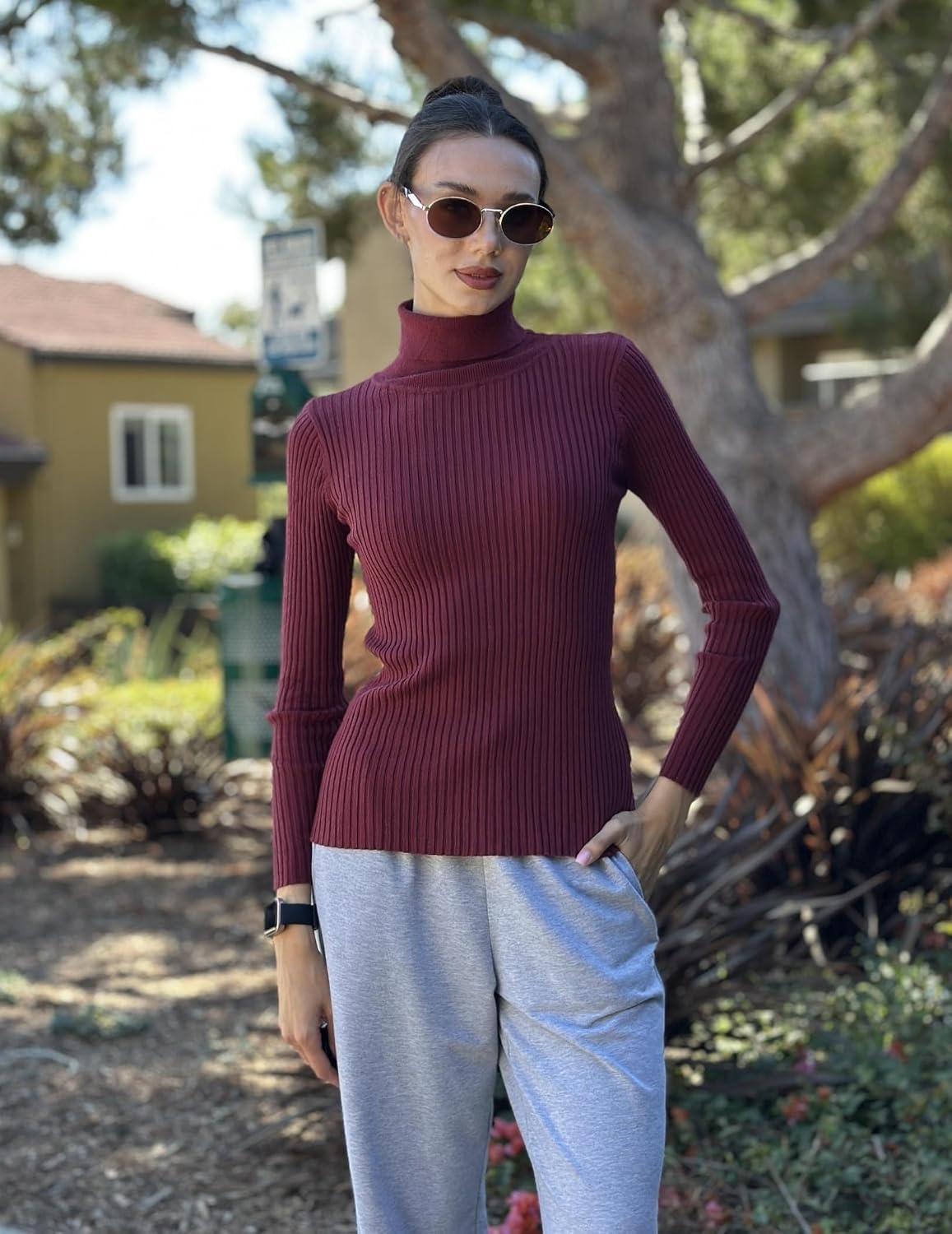 image:imageZeagoo Womens Turtleneck Sweaters 2026 Fall Fitted Long Sleeve Basic TopsWine Red