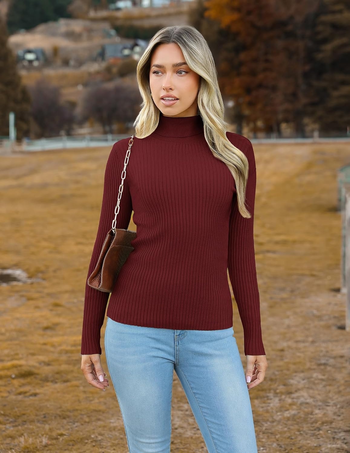 image:imageZeagoo Womens Turtleneck Sweaters 2026 Fall Fitted Long Sleeve Basic TopsWine Red
