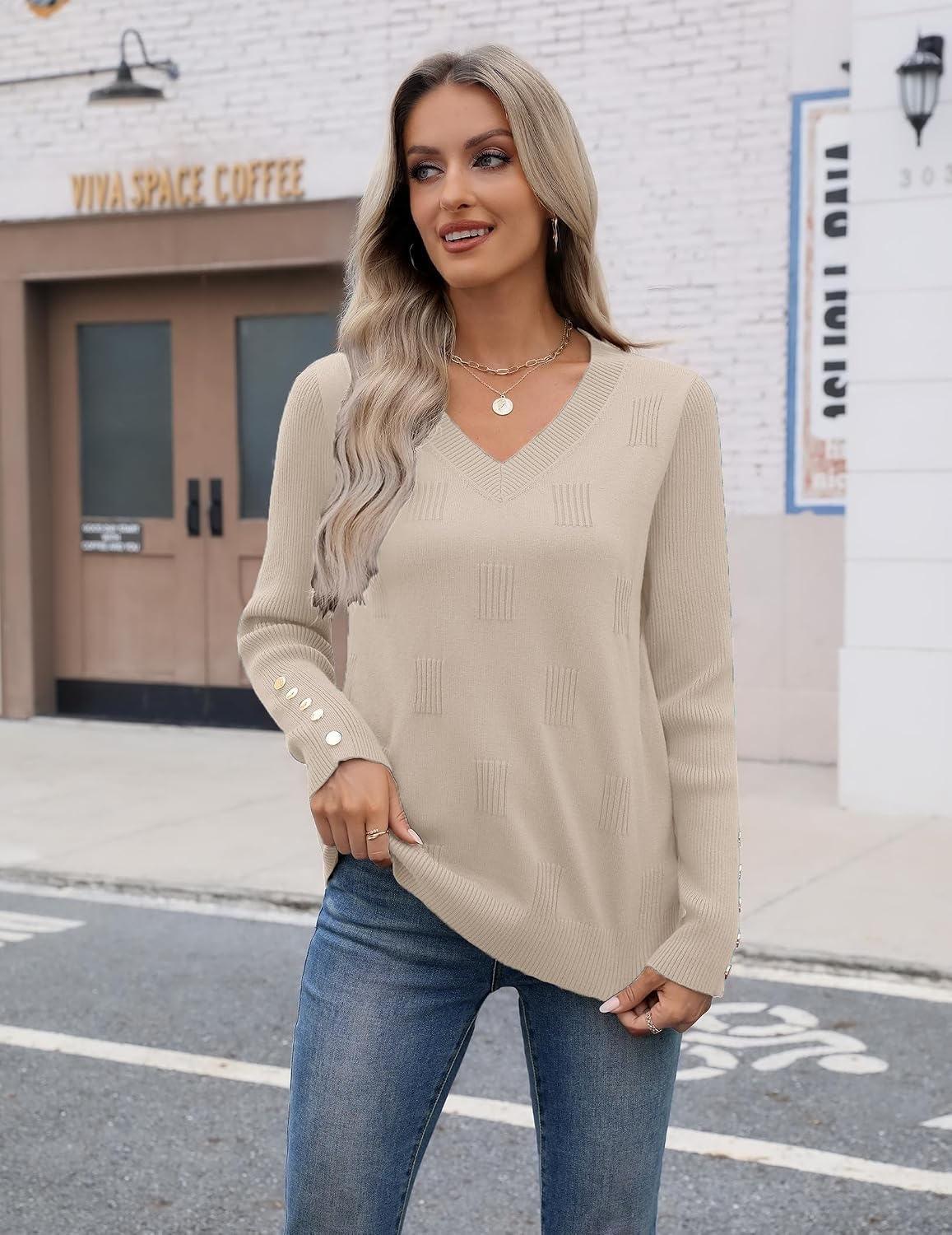 image:imageZeagoo Womens V Neck Sweaters Long Sleeve Lightweight with Buttons OufitsAlmond