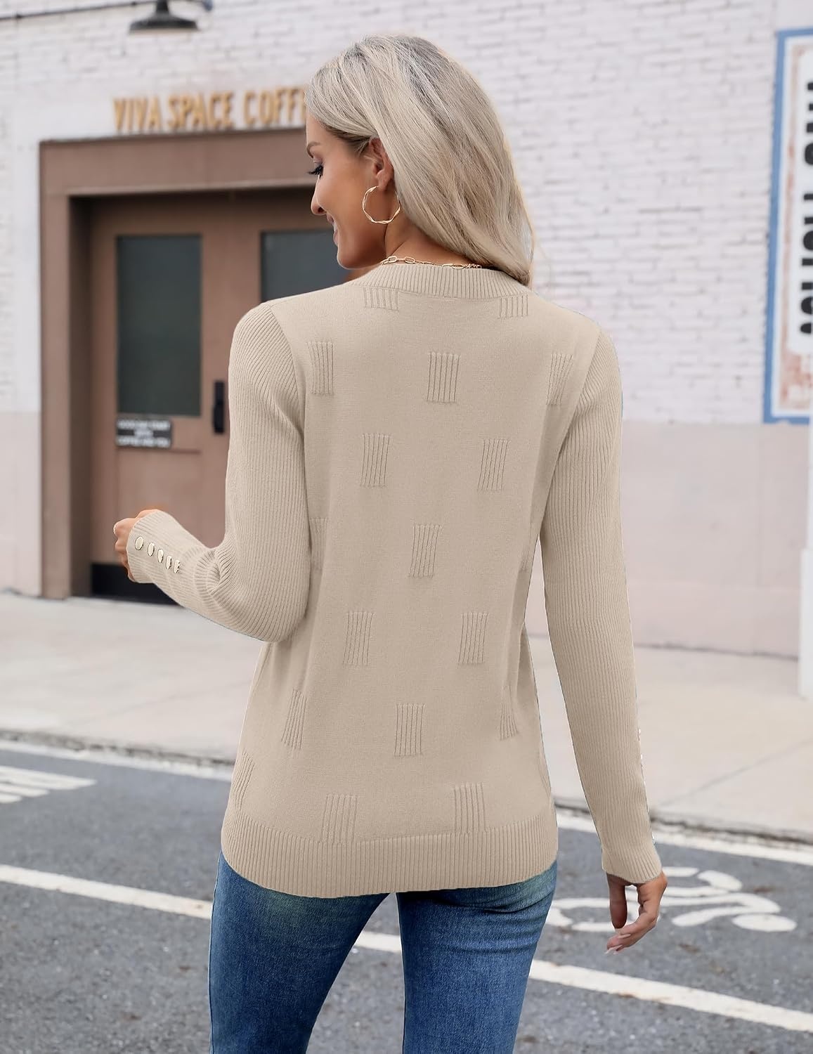 image:imageZeagoo Womens V Neck Sweaters Long Sleeve Lightweight with Buttons OufitsAlmond