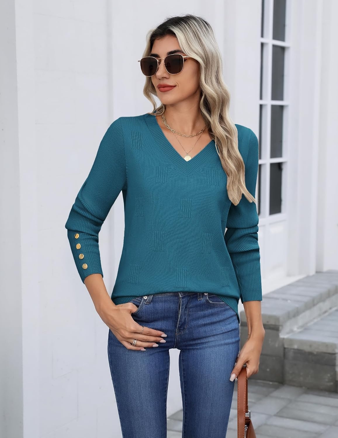 image:imageZeagoo Womens V Neck Sweaters Long Sleeve Lightweight with Buttons OufitsBlue