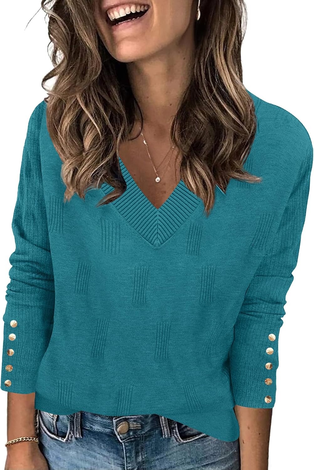 image:imageZeagoo Womens V Neck Sweaters Long Sleeve Lightweight with Buttons OufitsBlue