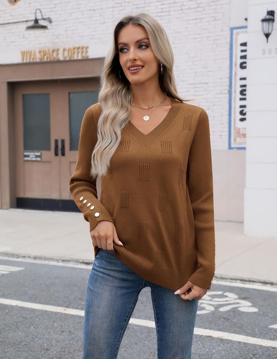 image:imageZeagoo Womens V Neck Sweaters Long Sleeve Lightweight with Buttons OufitsBrownie