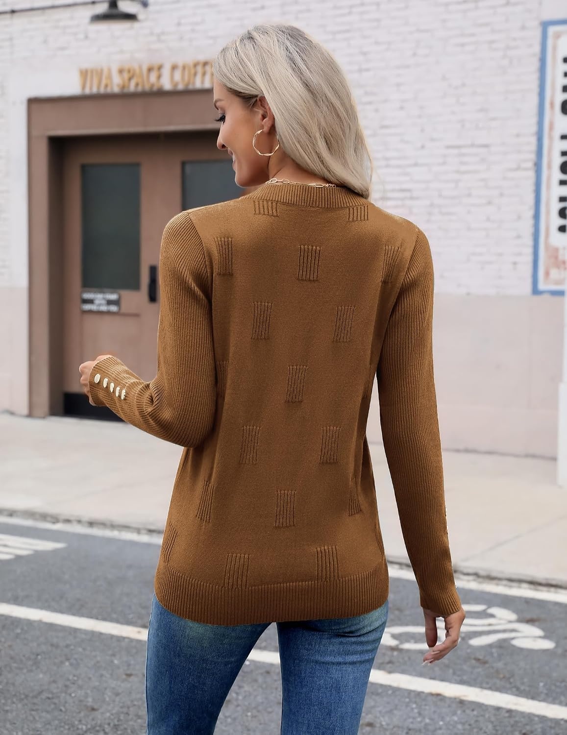 image:imageZeagoo Womens V Neck Sweaters Long Sleeve Lightweight with Buttons OufitsBrownie