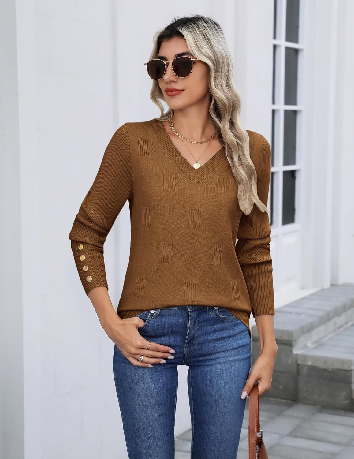 image:imageZeagoo Womens V Neck Sweaters Long Sleeve Lightweight with Buttons OufitsBrownie