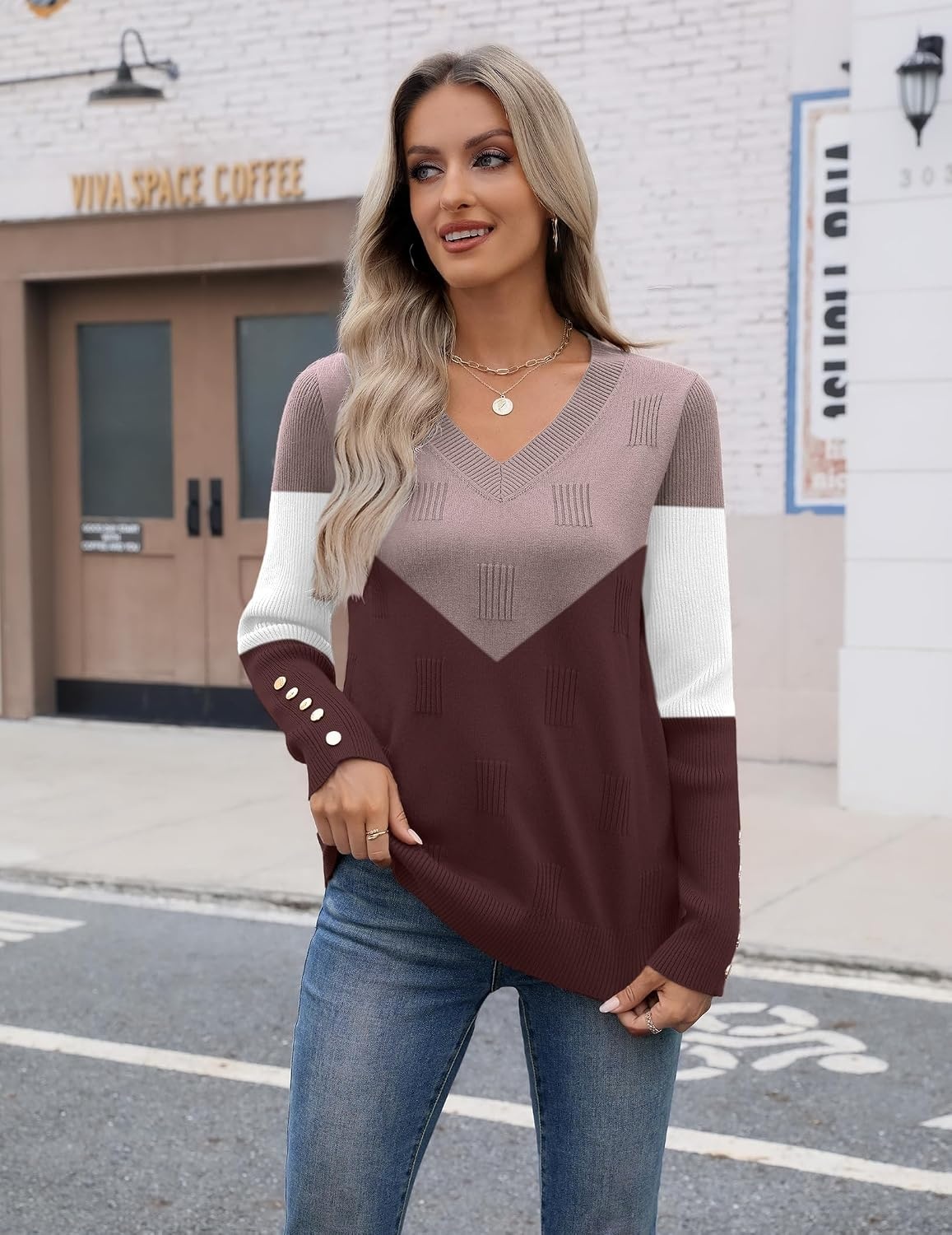 image:imageZeagoo Womens V Neck Sweaters Long Sleeve Lightweight with Buttons OufitsCchocolate Brown