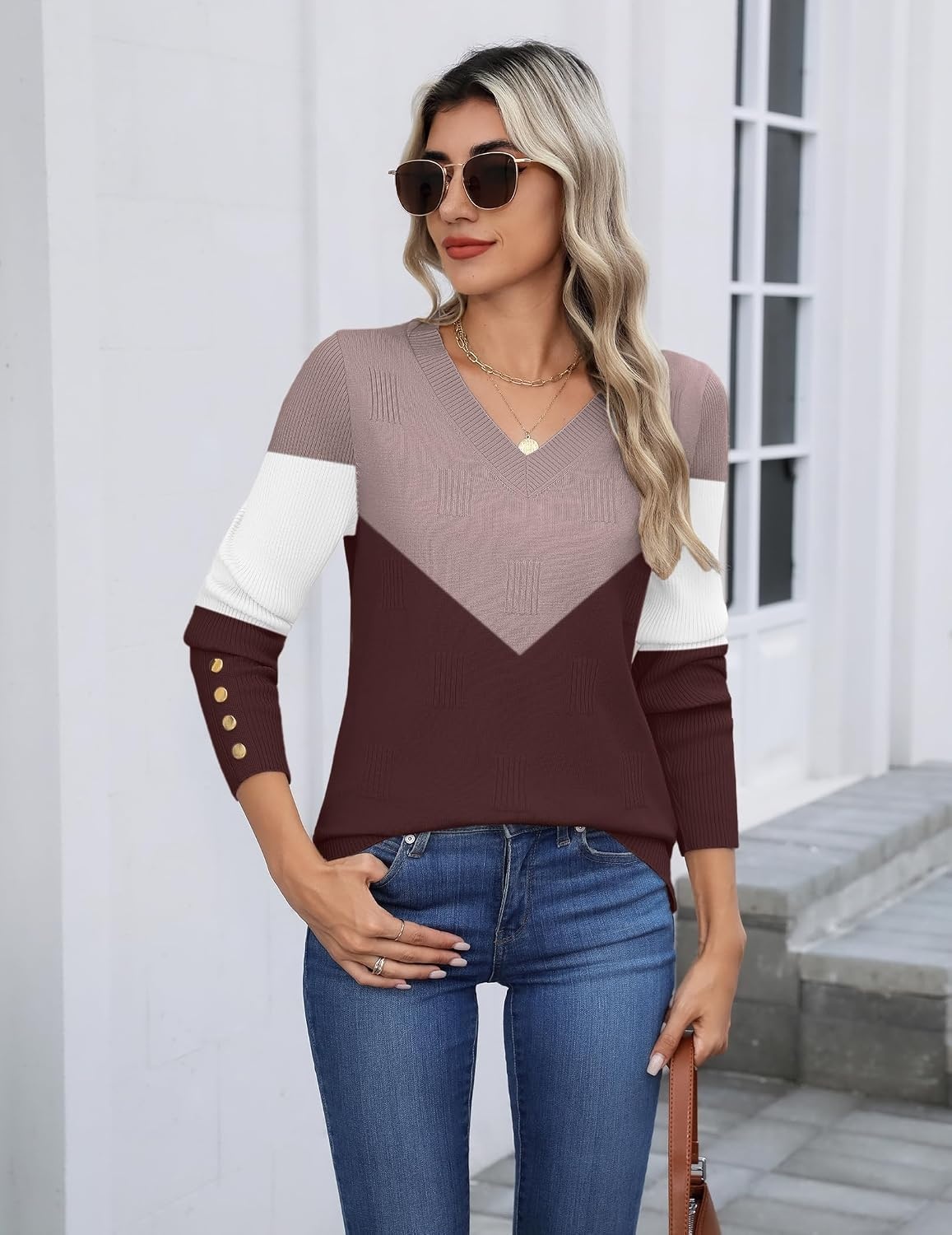 image:imageZeagoo Womens V Neck Sweaters Long Sleeve Lightweight with Buttons OufitsCchocolate Brown