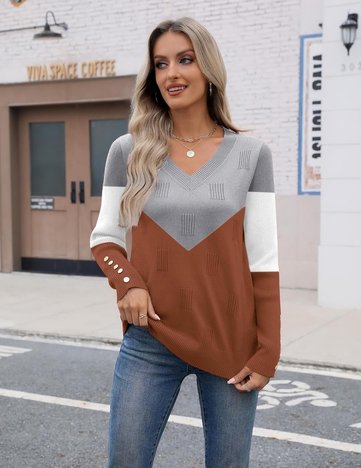 image:imageZeagoo Womens V Neck Sweaters Long Sleeve Lightweight with Buttons OufitsCgrey Caramel