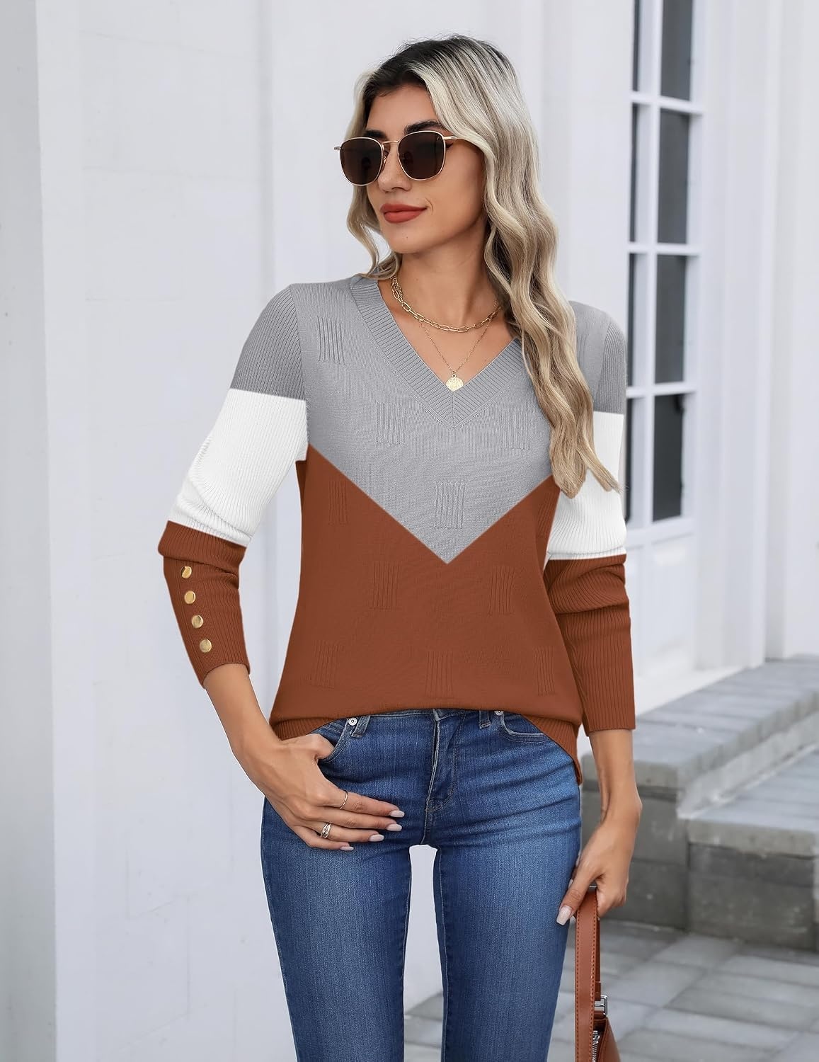 image:imageZeagoo Womens V Neck Sweaters Long Sleeve Lightweight with Buttons OufitsCgrey Caramel